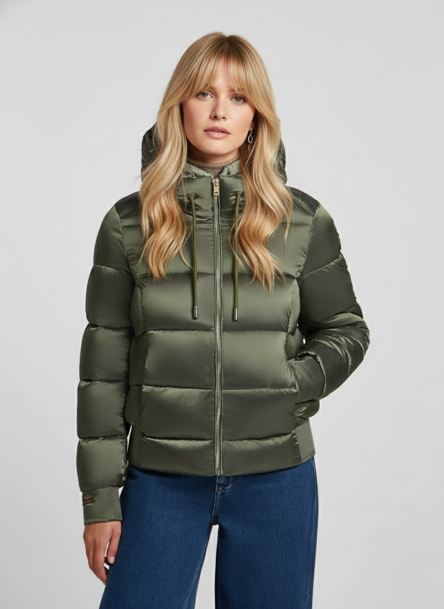 Shiny Ripstop Bomber Jacket – Stylish & Warm Outerwear with Faux Down | GREEN 2