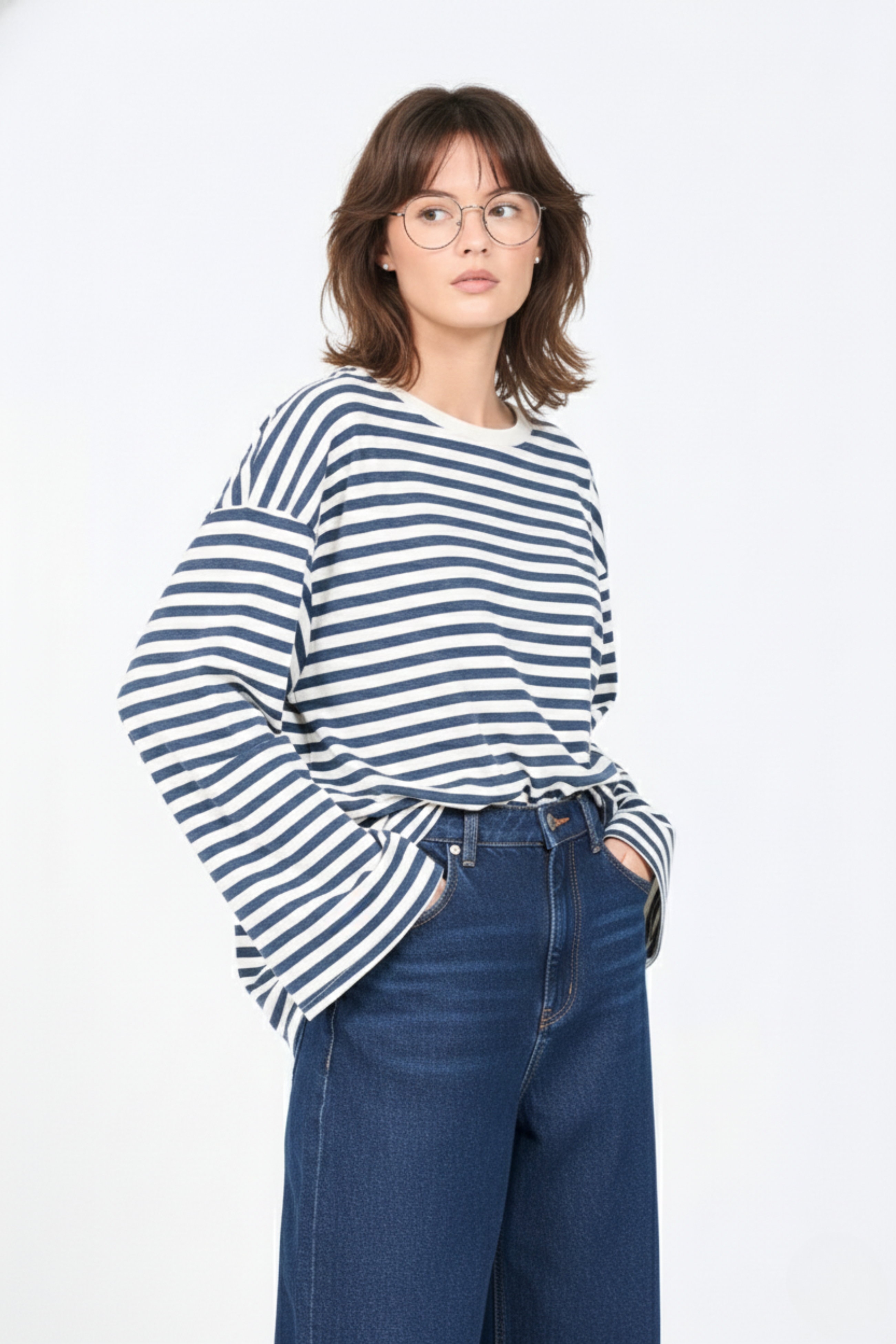 Striped Long Sleeve Cotton T-Shirt | Relaxed Everyday Fit | BLUE