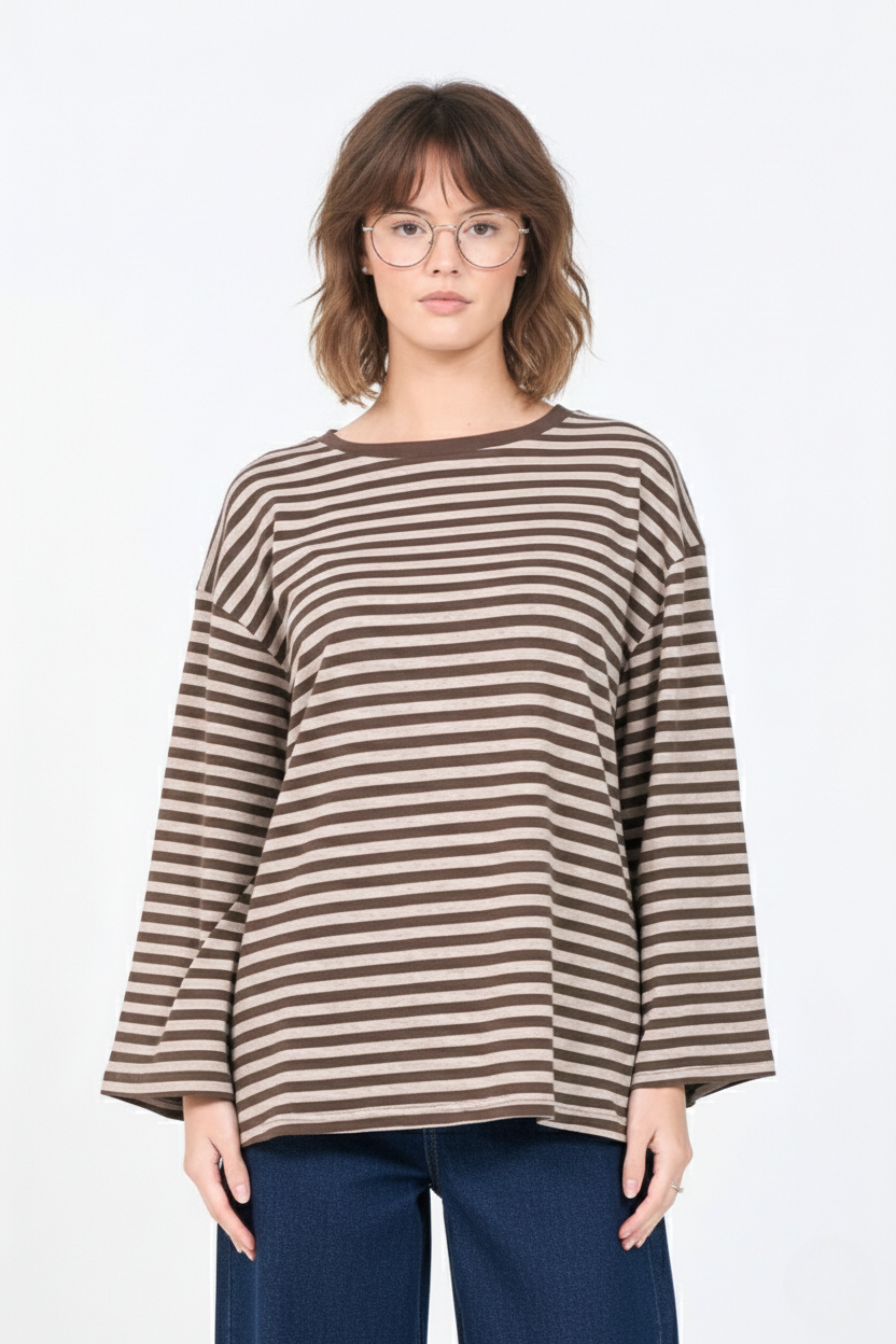 Striped Long Sleeve Cotton T-Shirt | Relaxed Everyday Fit | BROWN 1