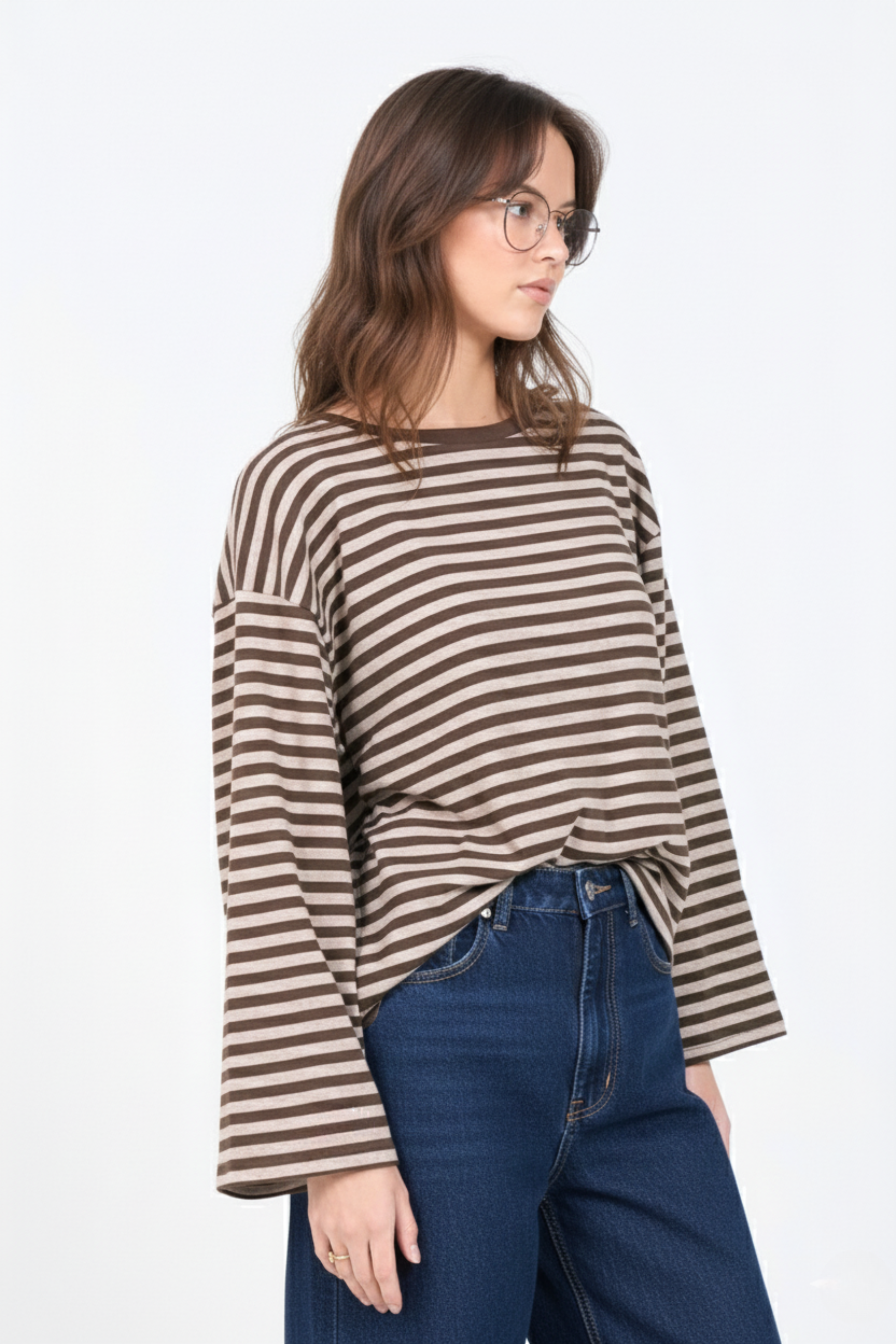 Striped Long Sleeve Cotton T-Shirt | Relaxed Everyday Fit | BROWN 2
