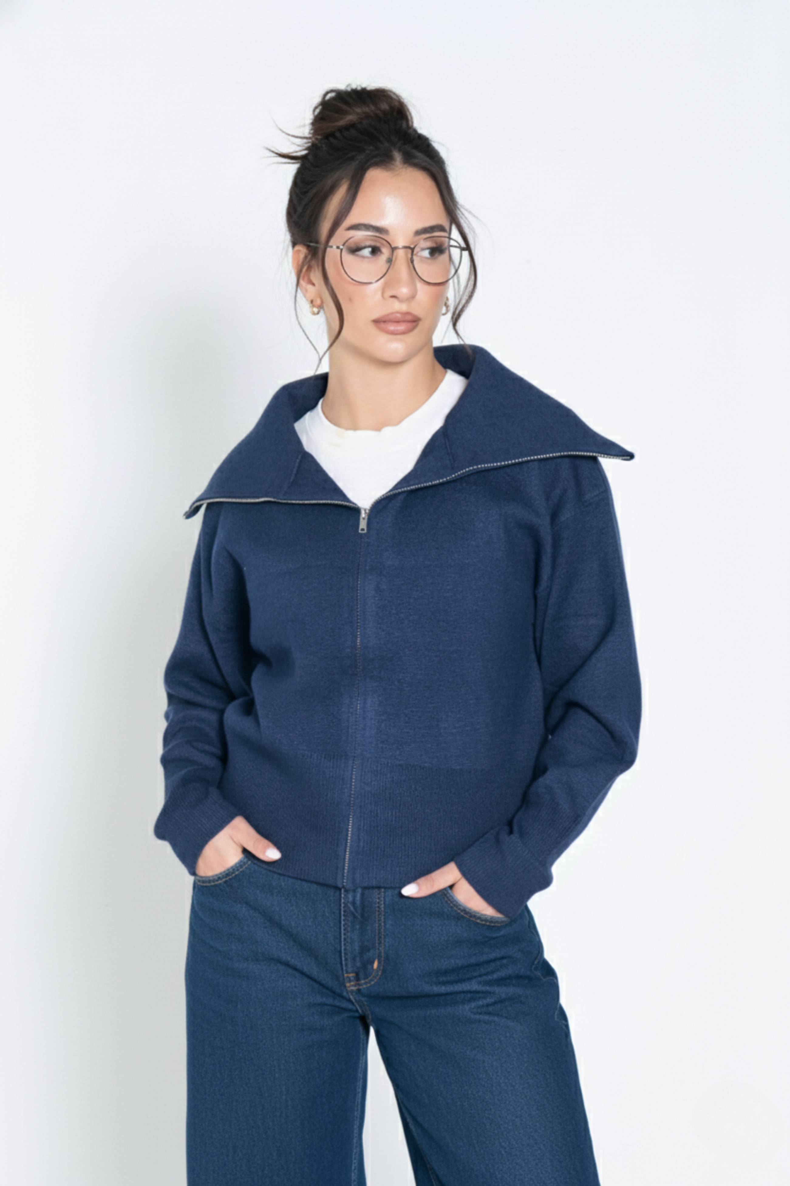 The Softline Zip Cardigan | Wide-Collar Relaxed Knit Cardigan | BLUE 1