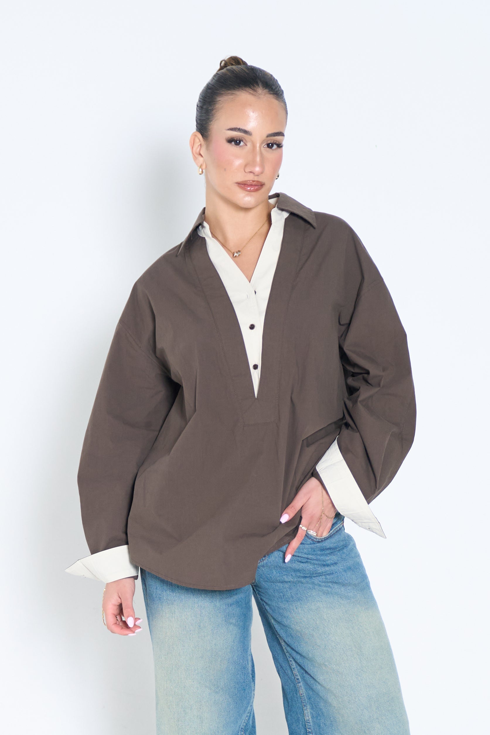 Two-Tone V-Neck Blouse – Women’s White Collar Blouse