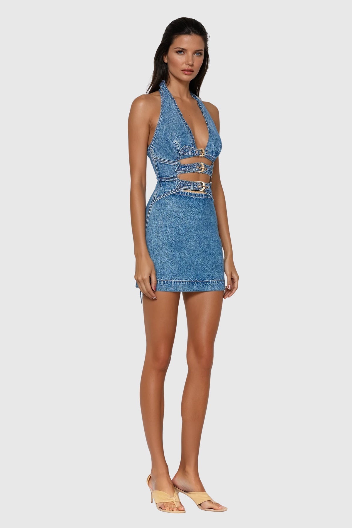 Wace Halter Neck Cutout Buckle Denim Mini Dress