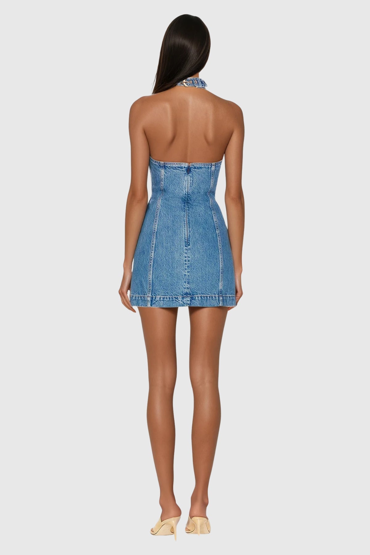 Wace Halter Neck Cutout Buckle Denim Mini Dress