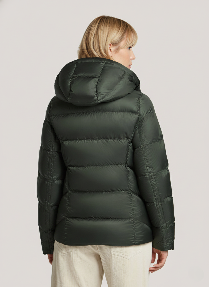 Waverly's Lightweight Short Down Jacket – Adjustable Hood & Warmth for Cold Days | GREEN 1