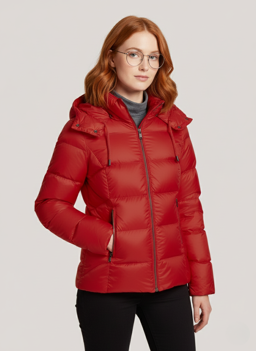 Waverly's Lightweight Short Down Jacket – Adjustable Hood & Warmth for Cold Days | RED 1