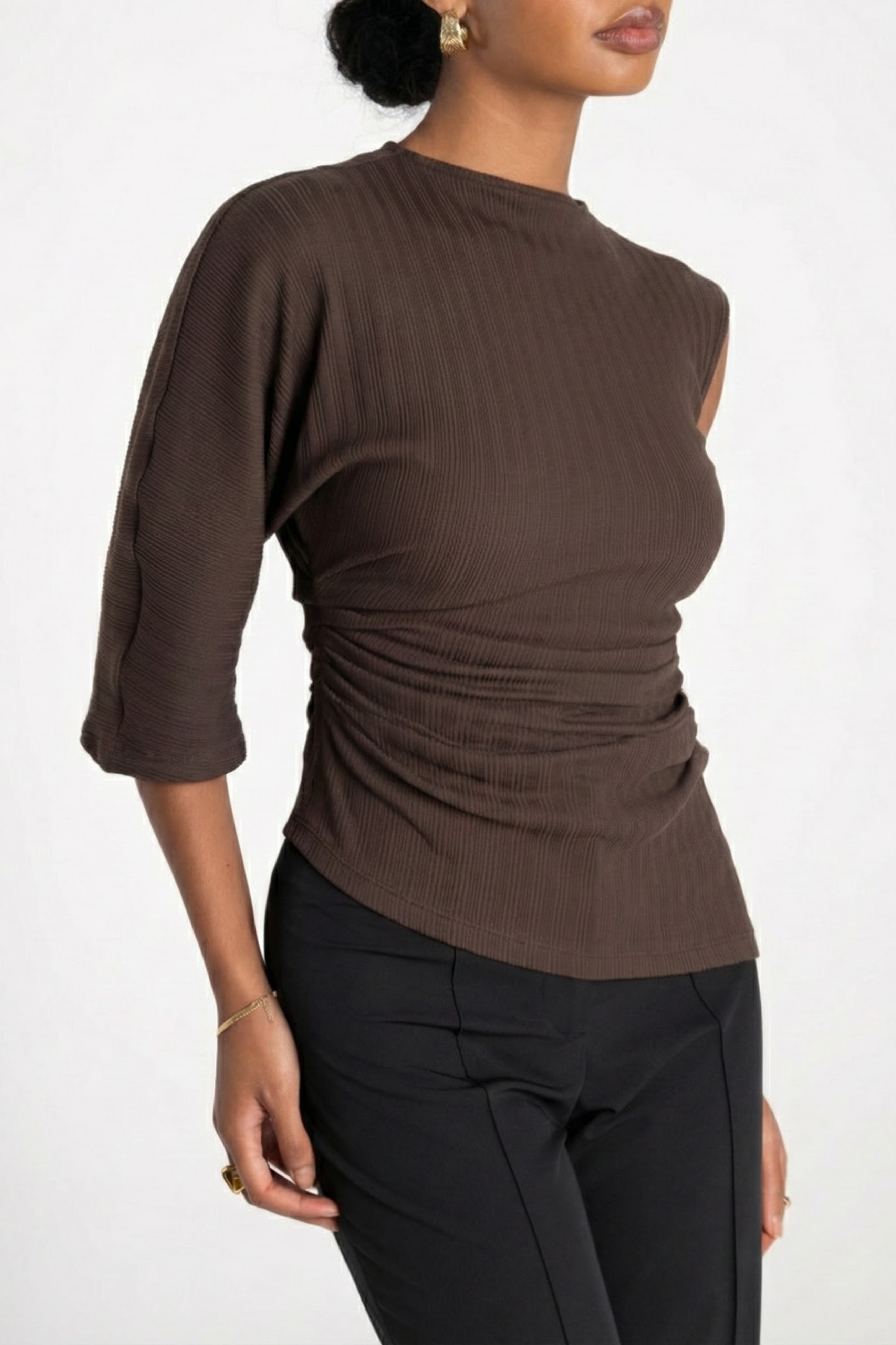 Women’s Asymmetric Ribbed Knit Top – One-Sleeve Design with Ruched Waist Detail 3