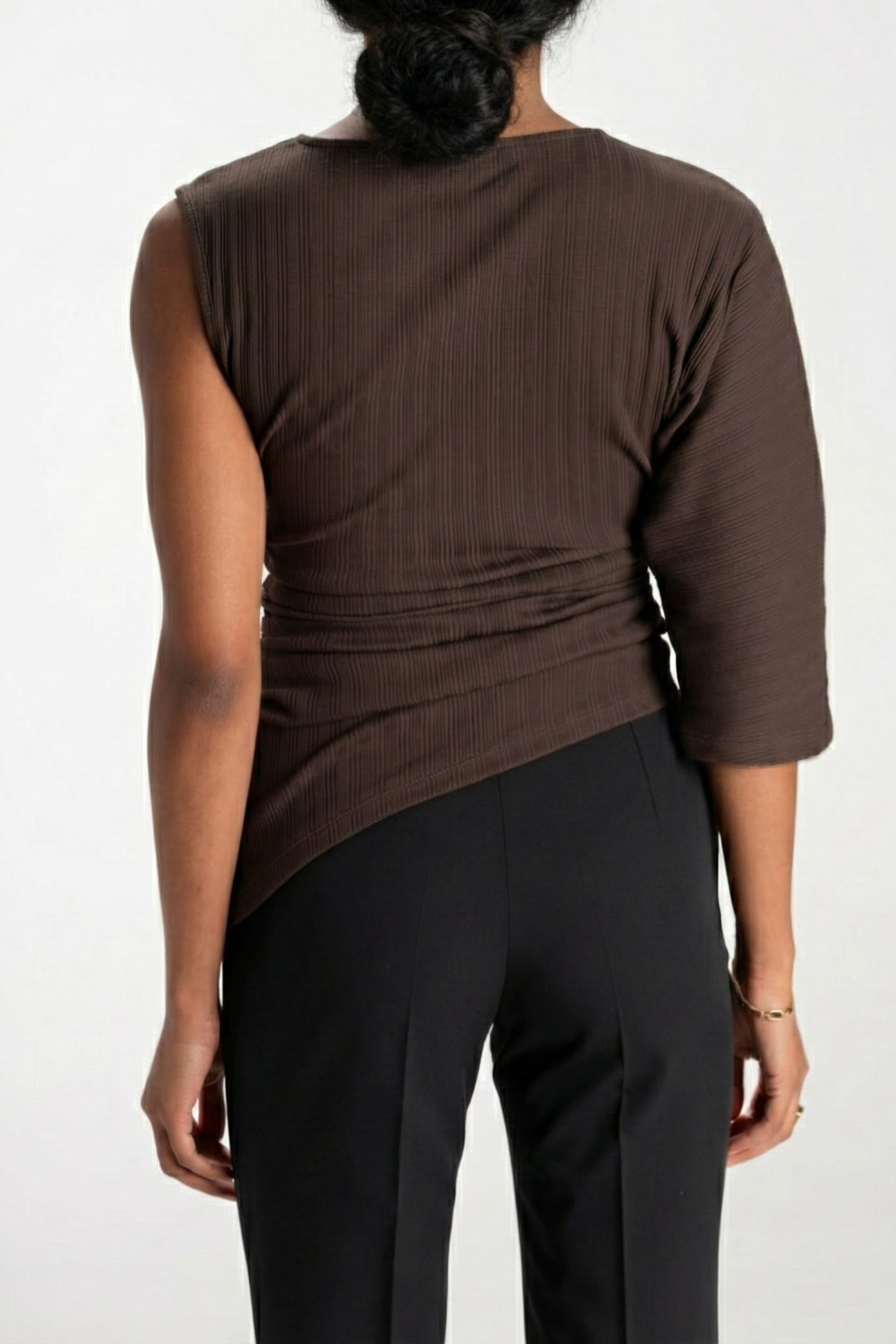 Women’s Asymmetric Ribbed Knit Top – One-Sleeve Design with Ruched Waist Detail 4