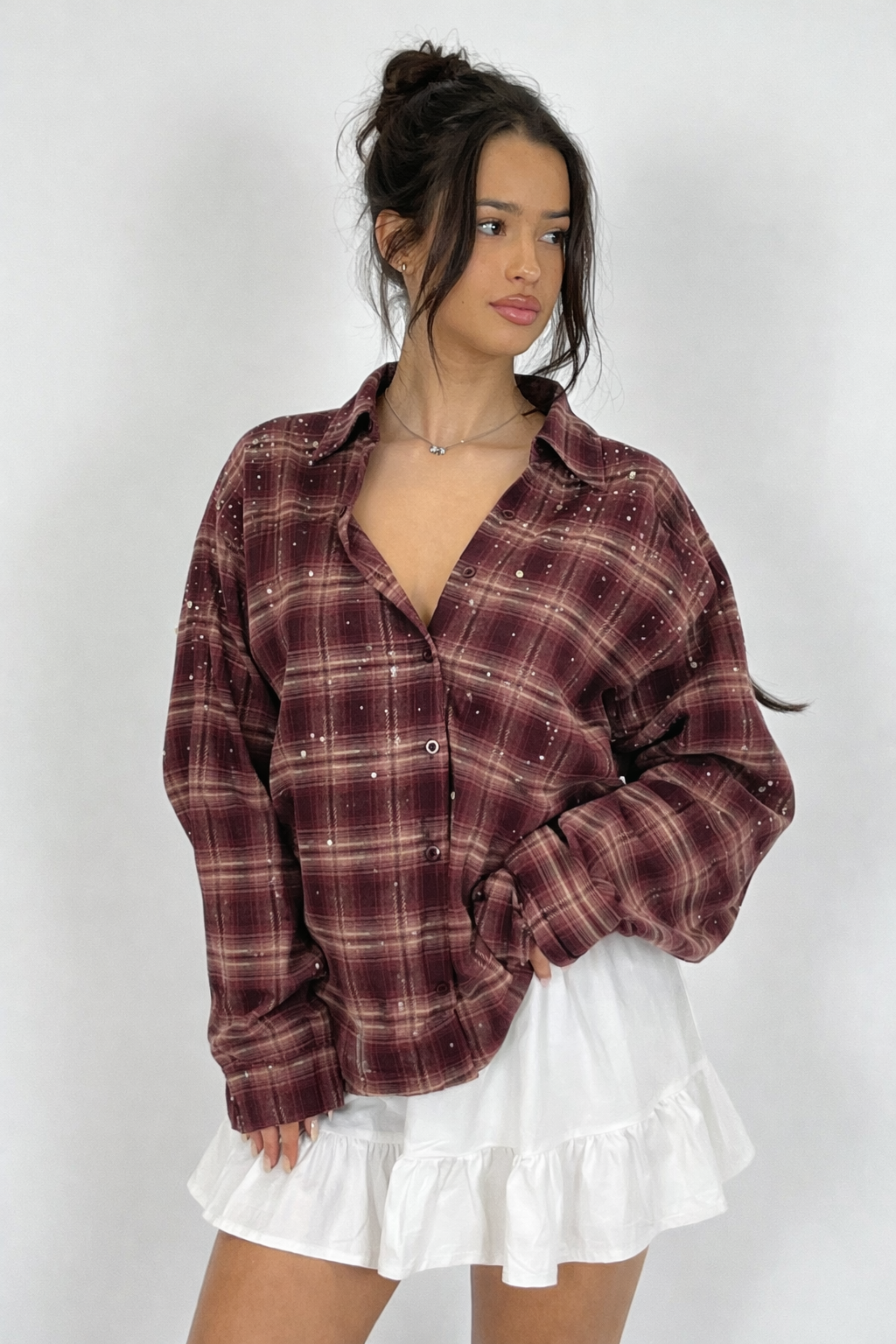 Women’s Embellished Plaid Shirt – Effortless Statement Layer | RED 1