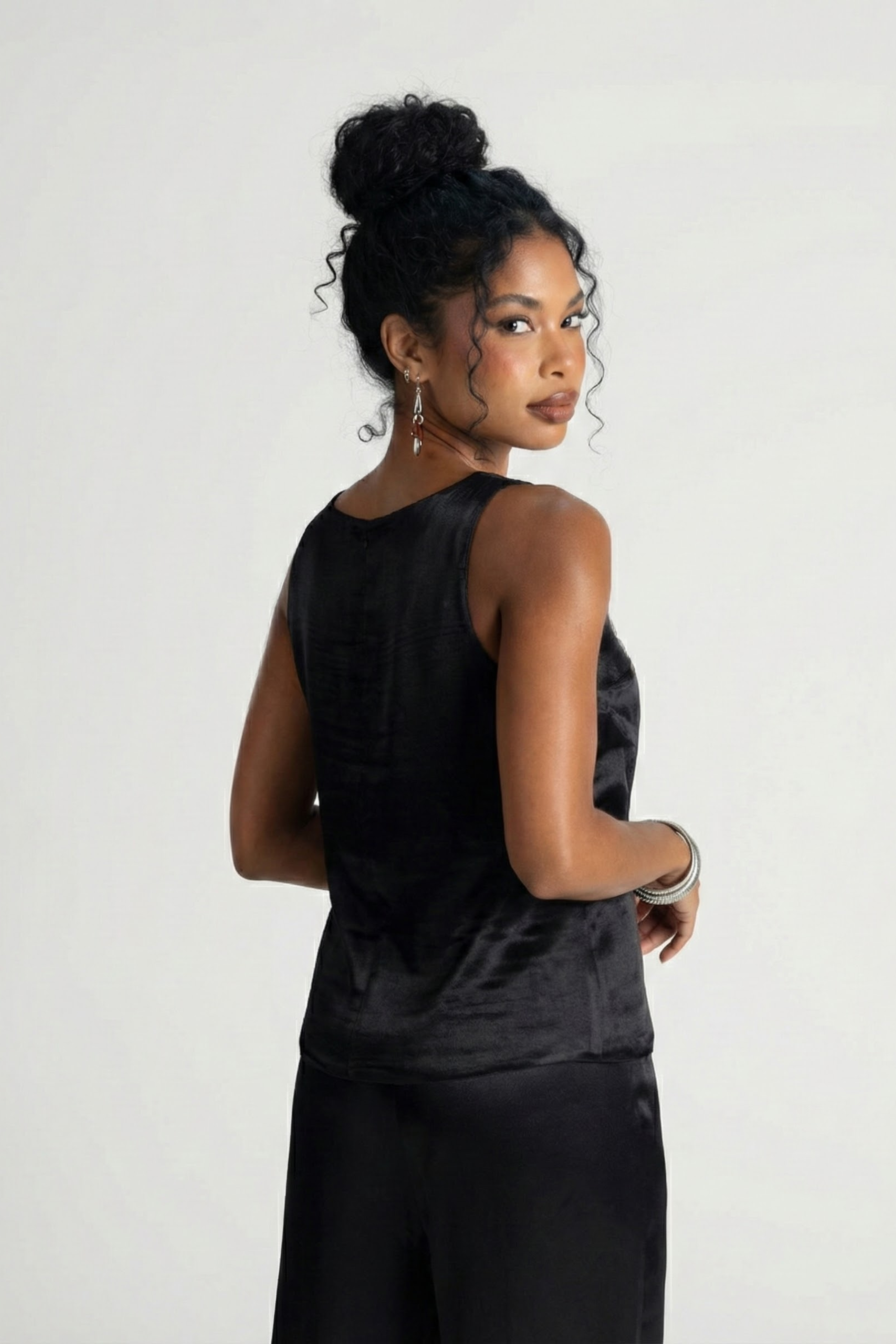 Women’s George Satin Corset Top – Heart Neckline with Covered Buttons and Wide Straps | BLACK 2