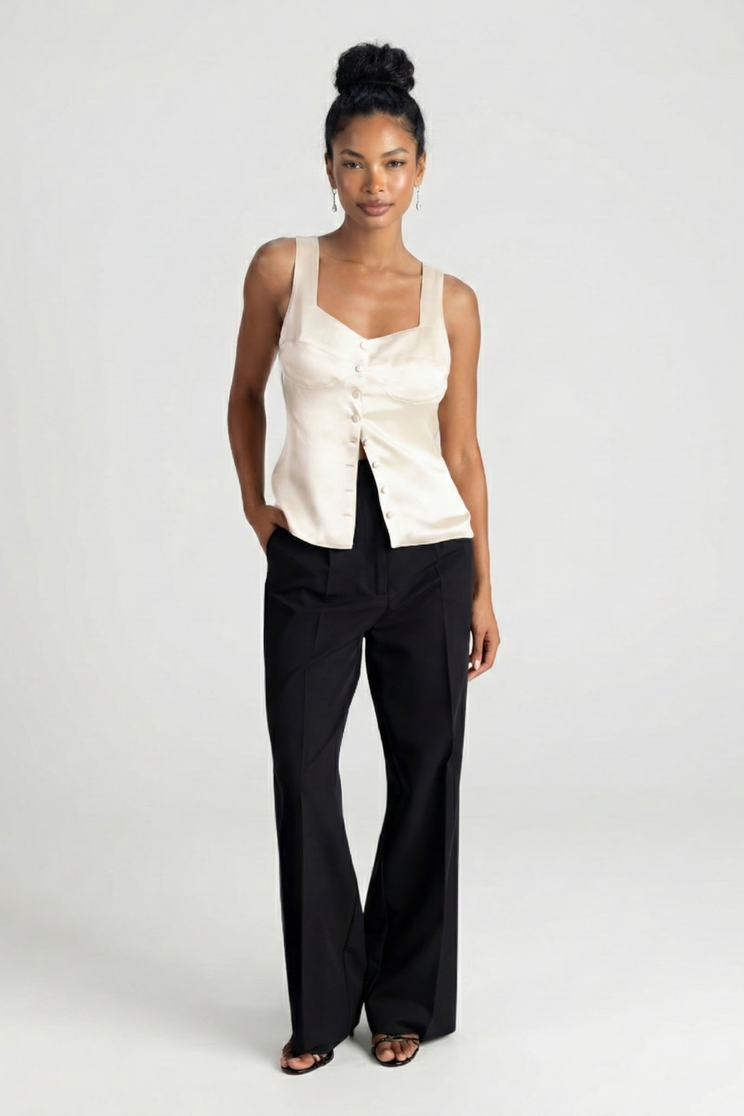 Women’s George Satin Corset Top – Heart Neckline with Covered Buttons and Wide Straps | WHITE 1