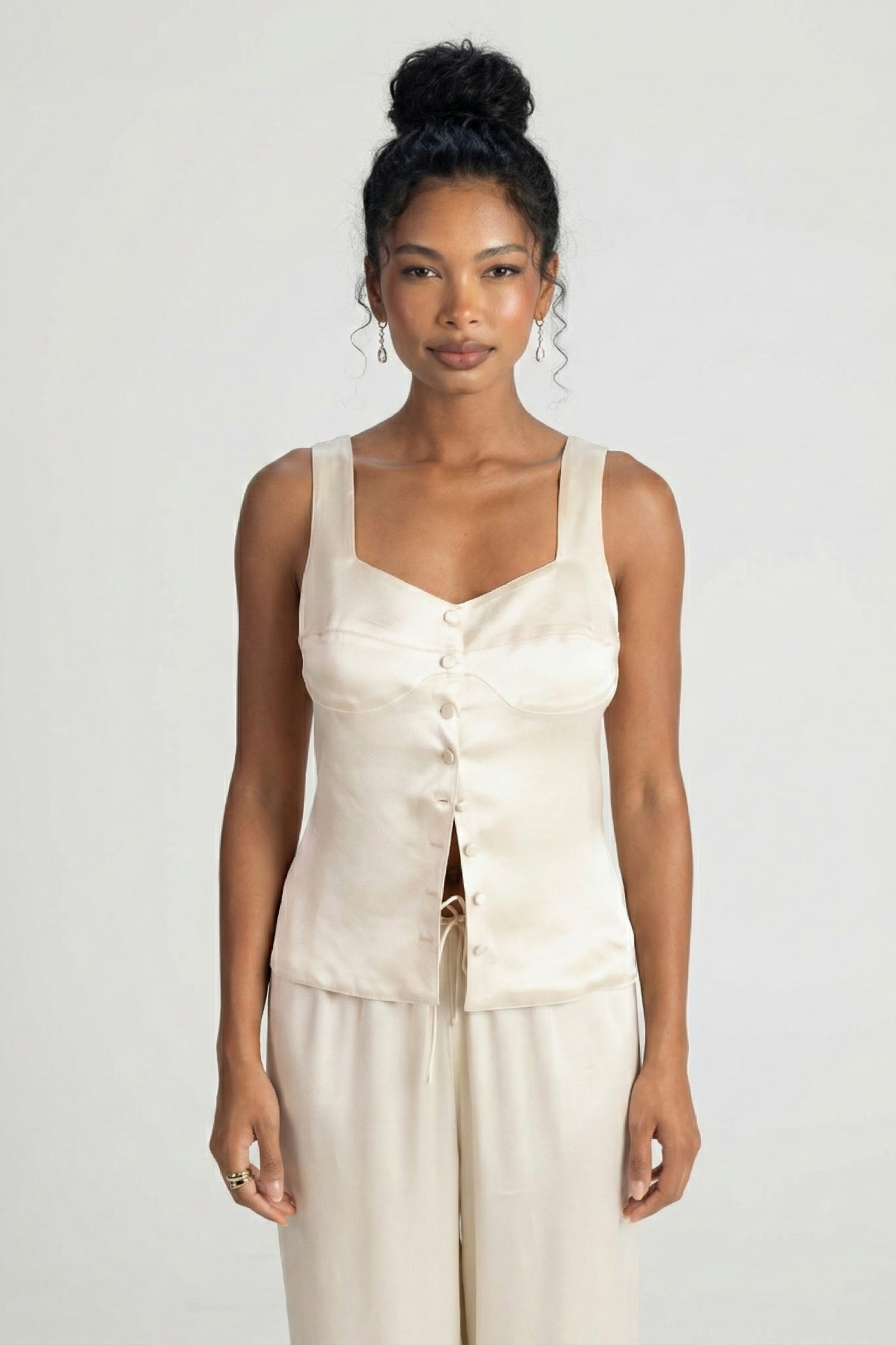 Women’s George Satin Corset Top – Heart Neckline with Covered Buttons and Wide Straps | WHITE 2