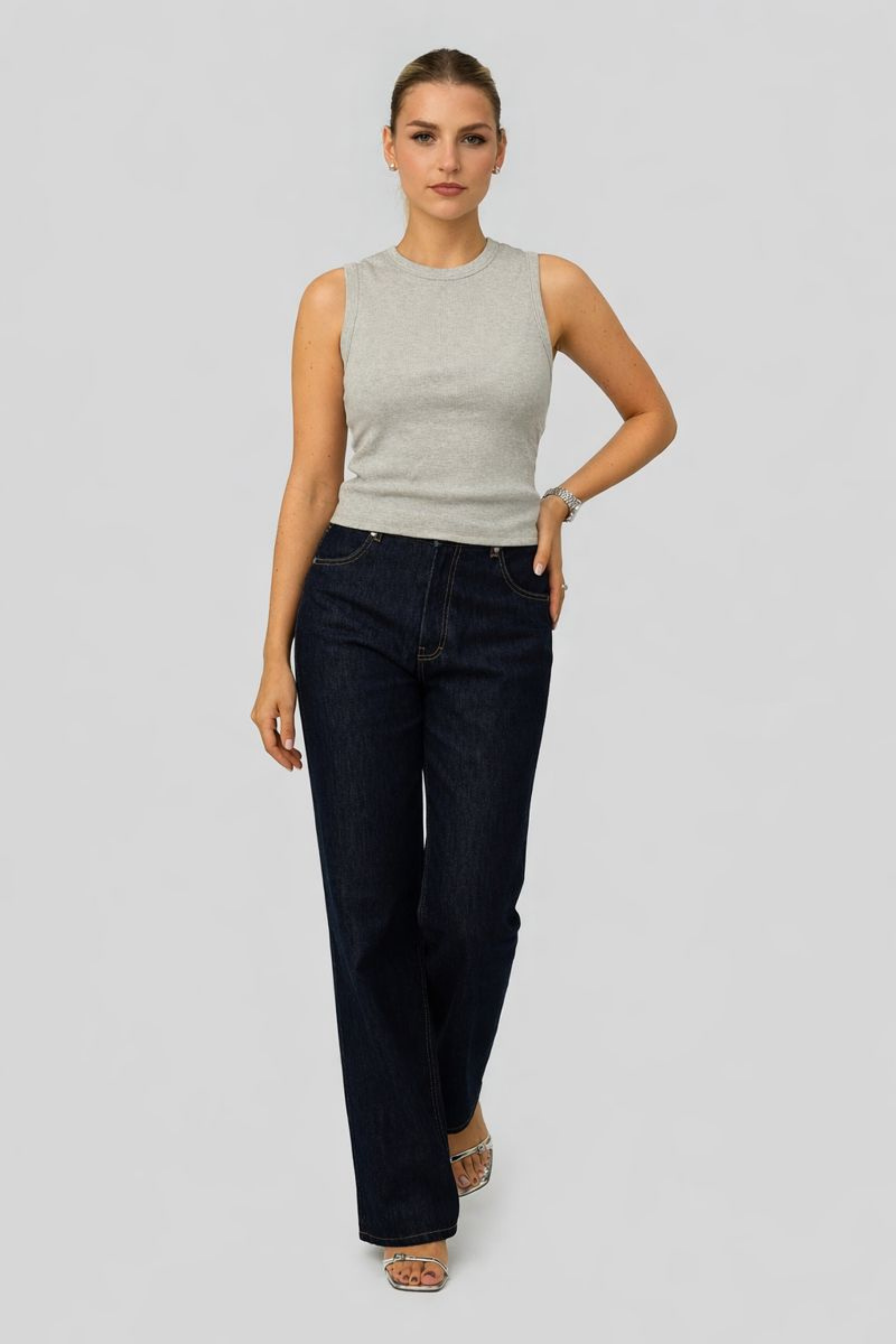 Women’s High Neck Ribbed Crop Tank Top – Sculpted Fit & Soft Comfort | GRAY 1