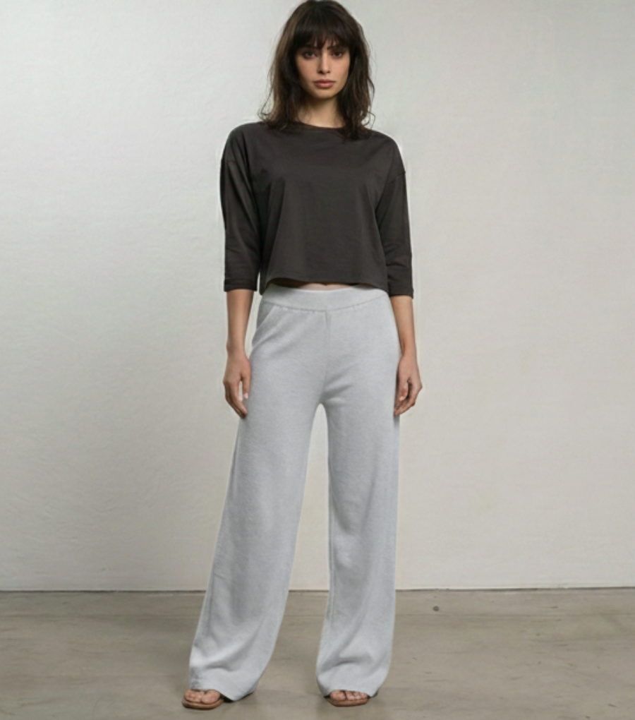 Women’s Knit Wide-Leg Pants – Elastic Waist Sandy Style - GRAY