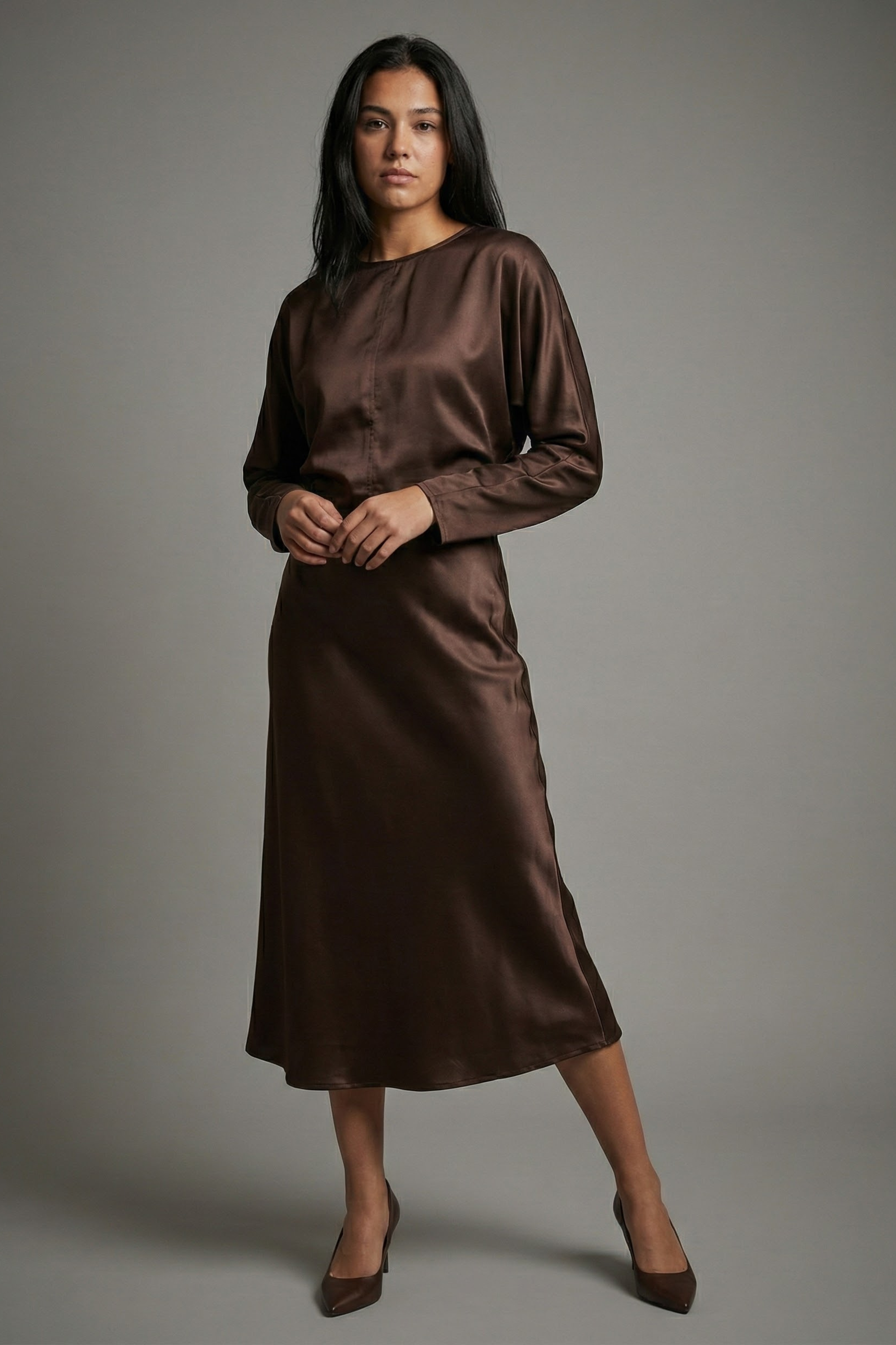 Women’s Long Sleeve Satin Blouse with Draped Batwing Sleeves – Elegant & Comfortable | BROWN 1