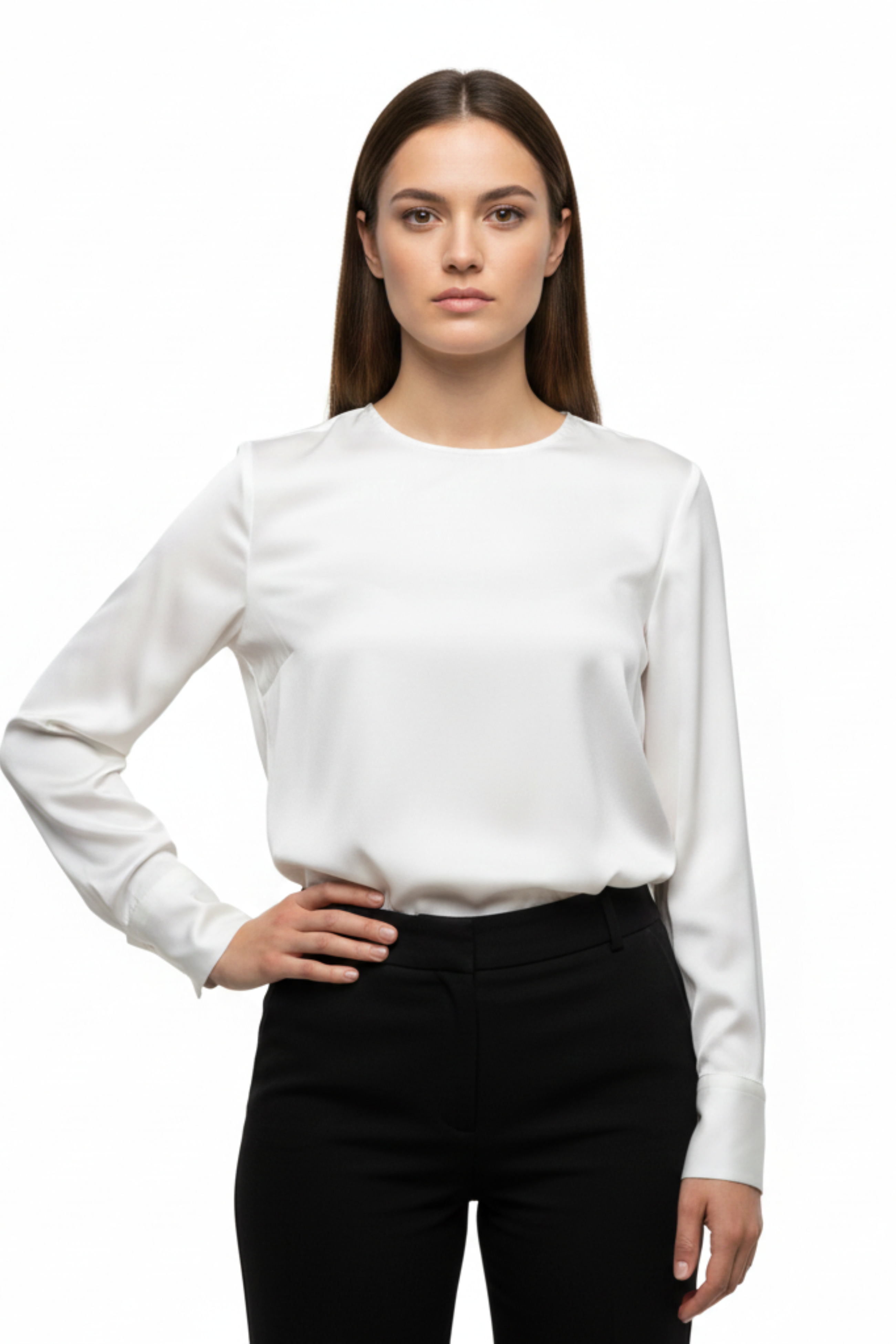 Women’s Long Sleeve Satin Blouse with Draped Batwing Sleeves – Elegant & Comfortable | WHITE 2