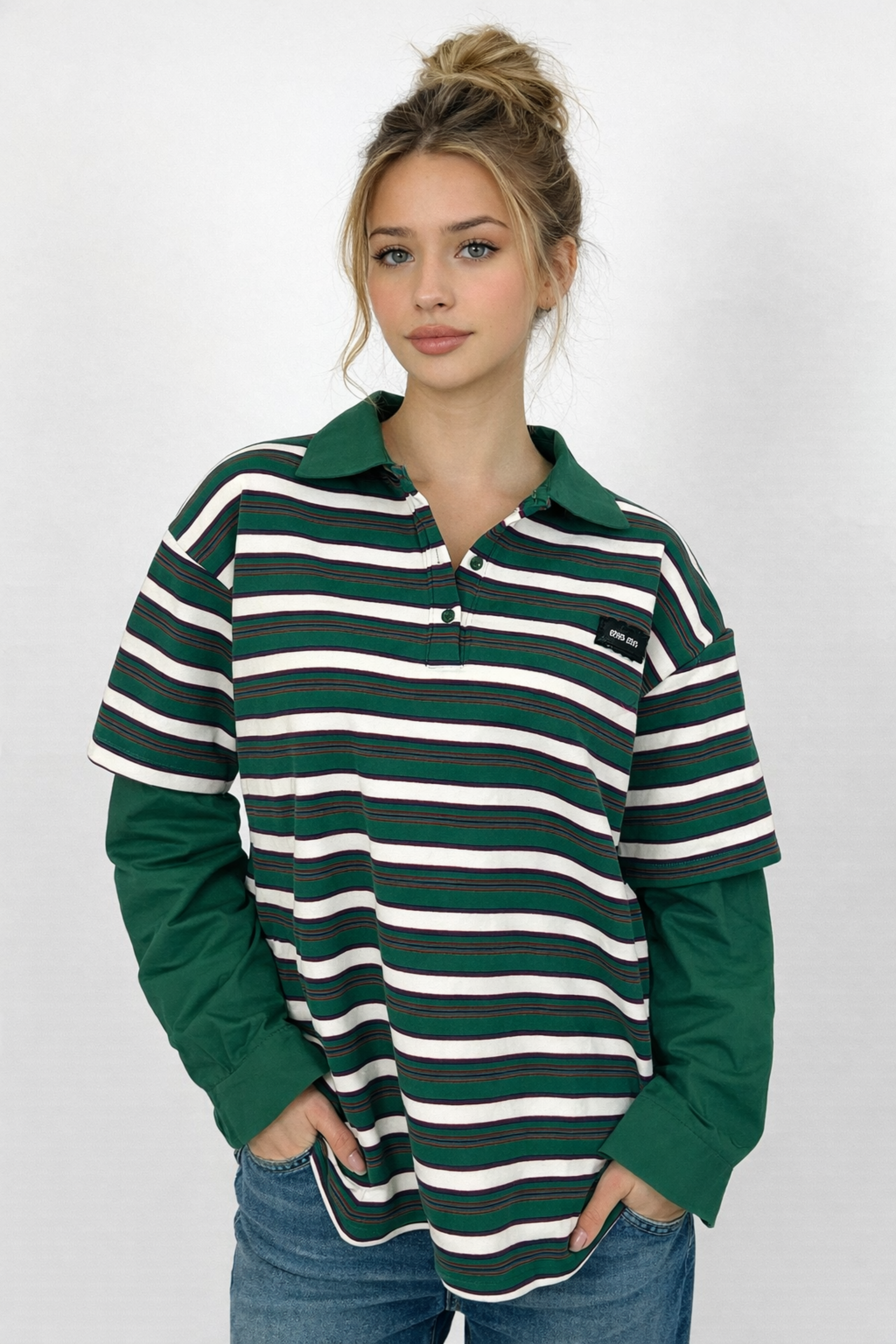 Women’s Striped Polo Shirt with Long Sleeves – Casual & Trendy | GREEN 1
