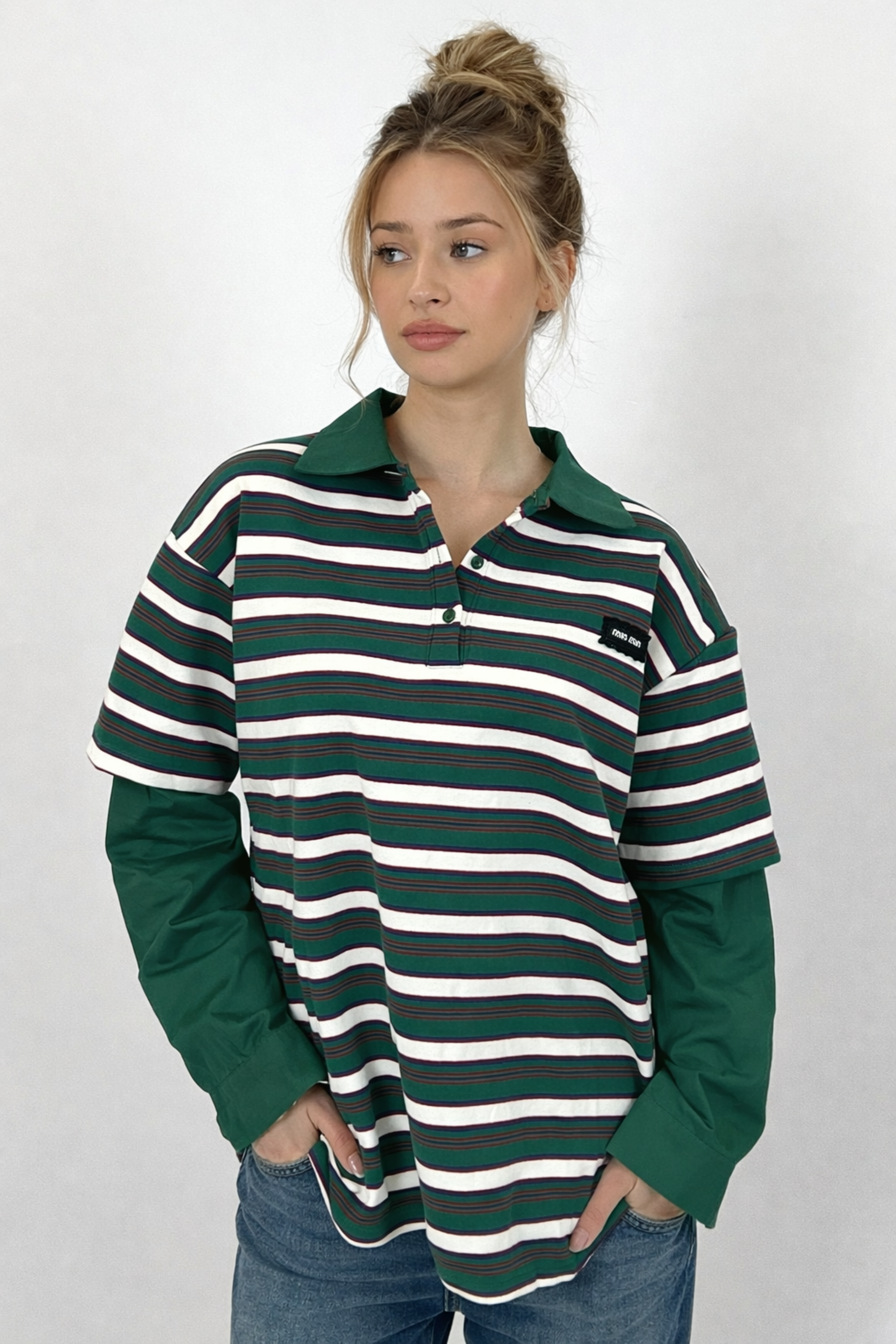 Women’s Striped Polo Shirt with Long Sleeves – Casual & Trendy | GREEN 2