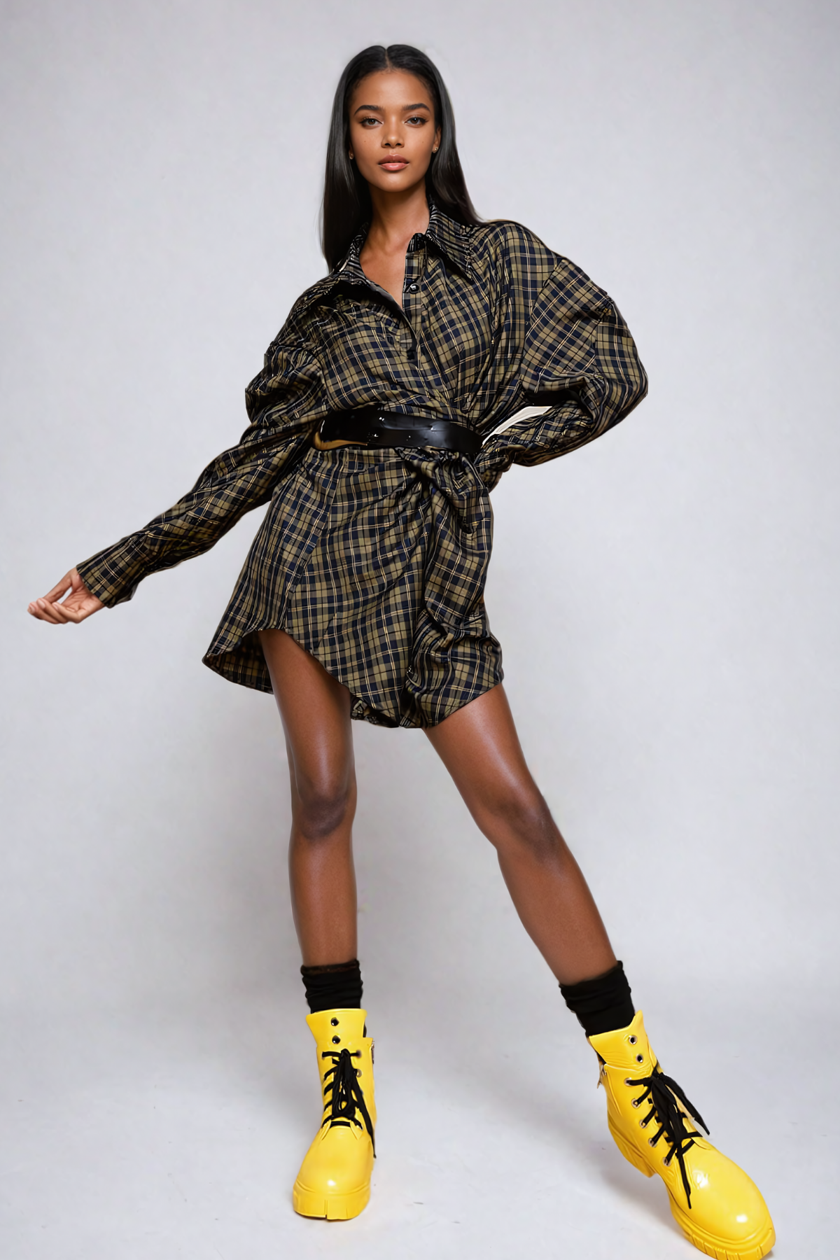 Yamini Grid Buckle Shirt Mini Dress