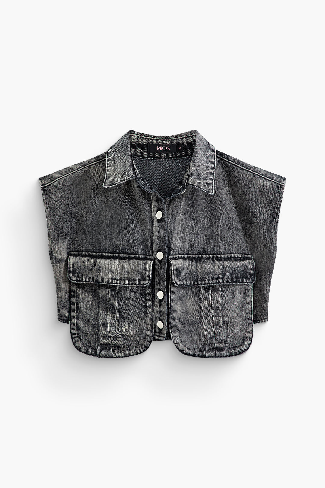 Asymmetrical cropped denim vest with button closure and flap pocket 