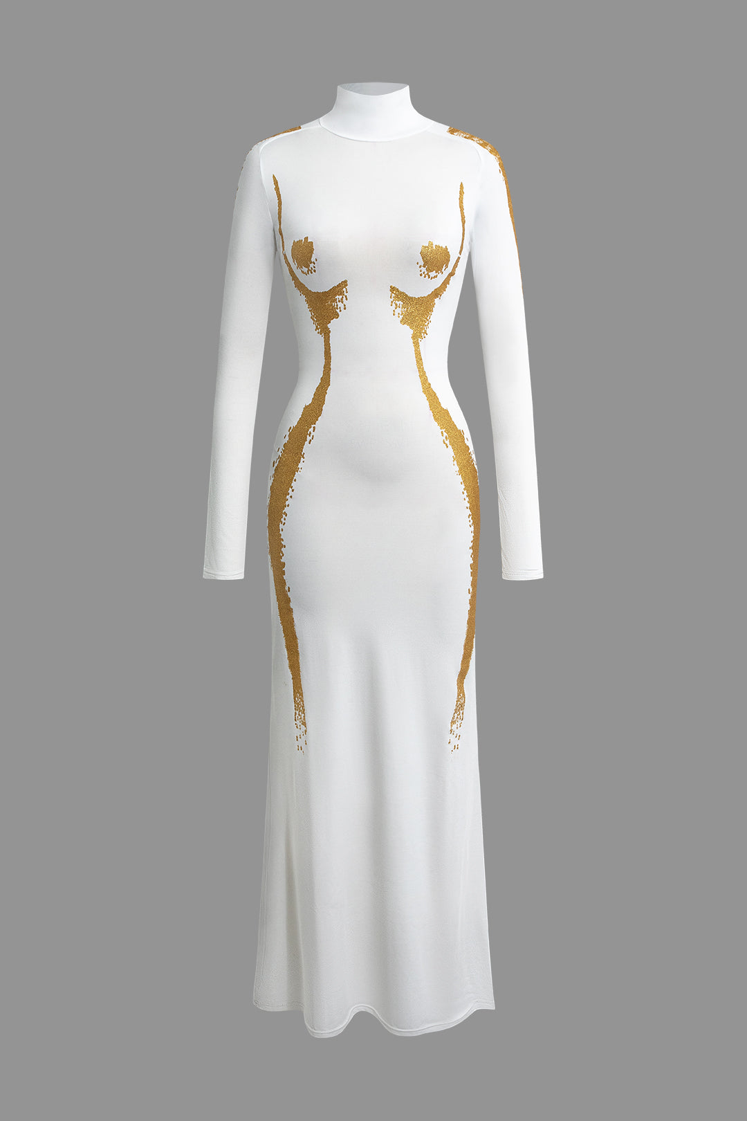 Body Print Turtle Neck Maxi Dress with Long Sleeves 