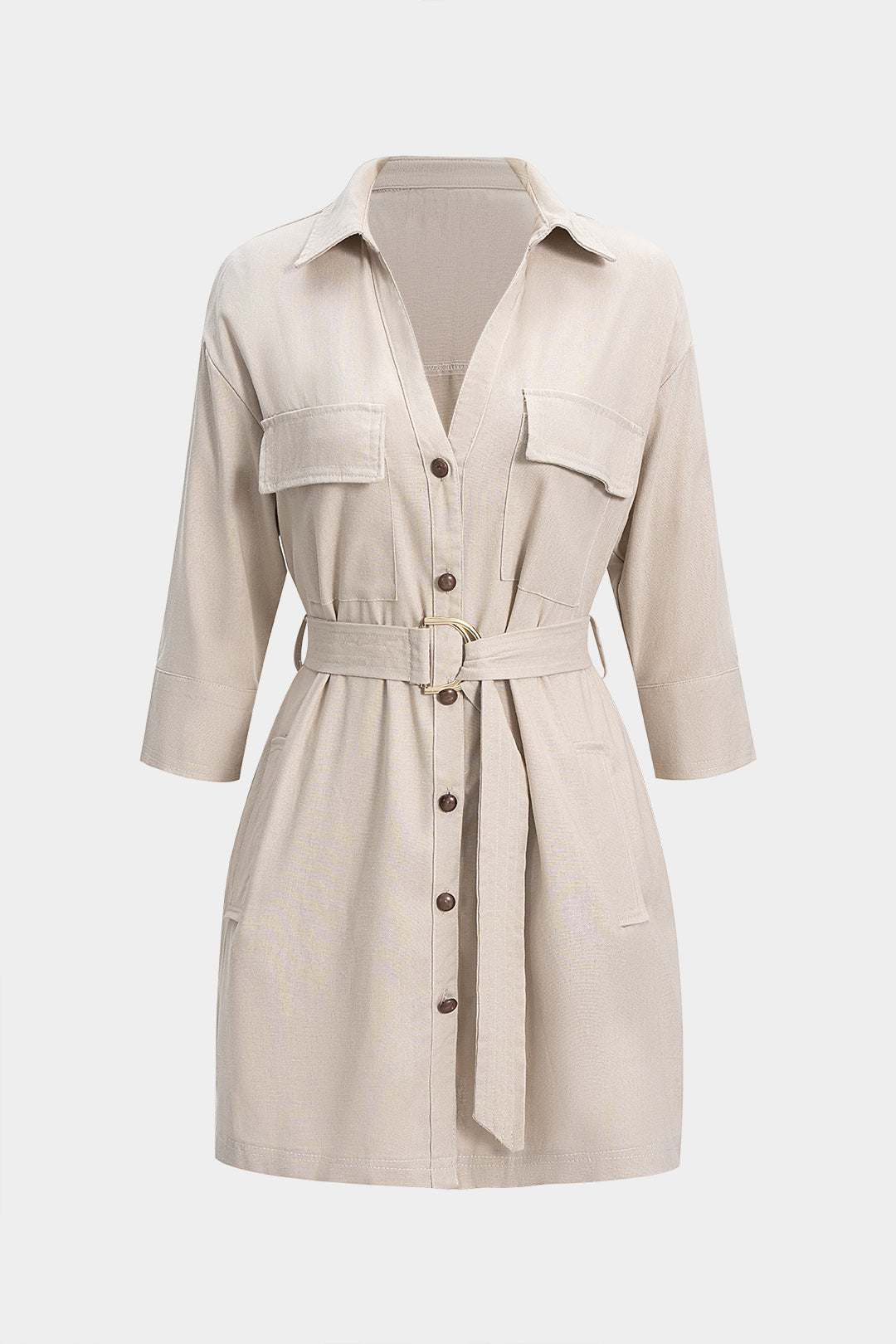 Belted Button Short-Sleeve Mini Dress 