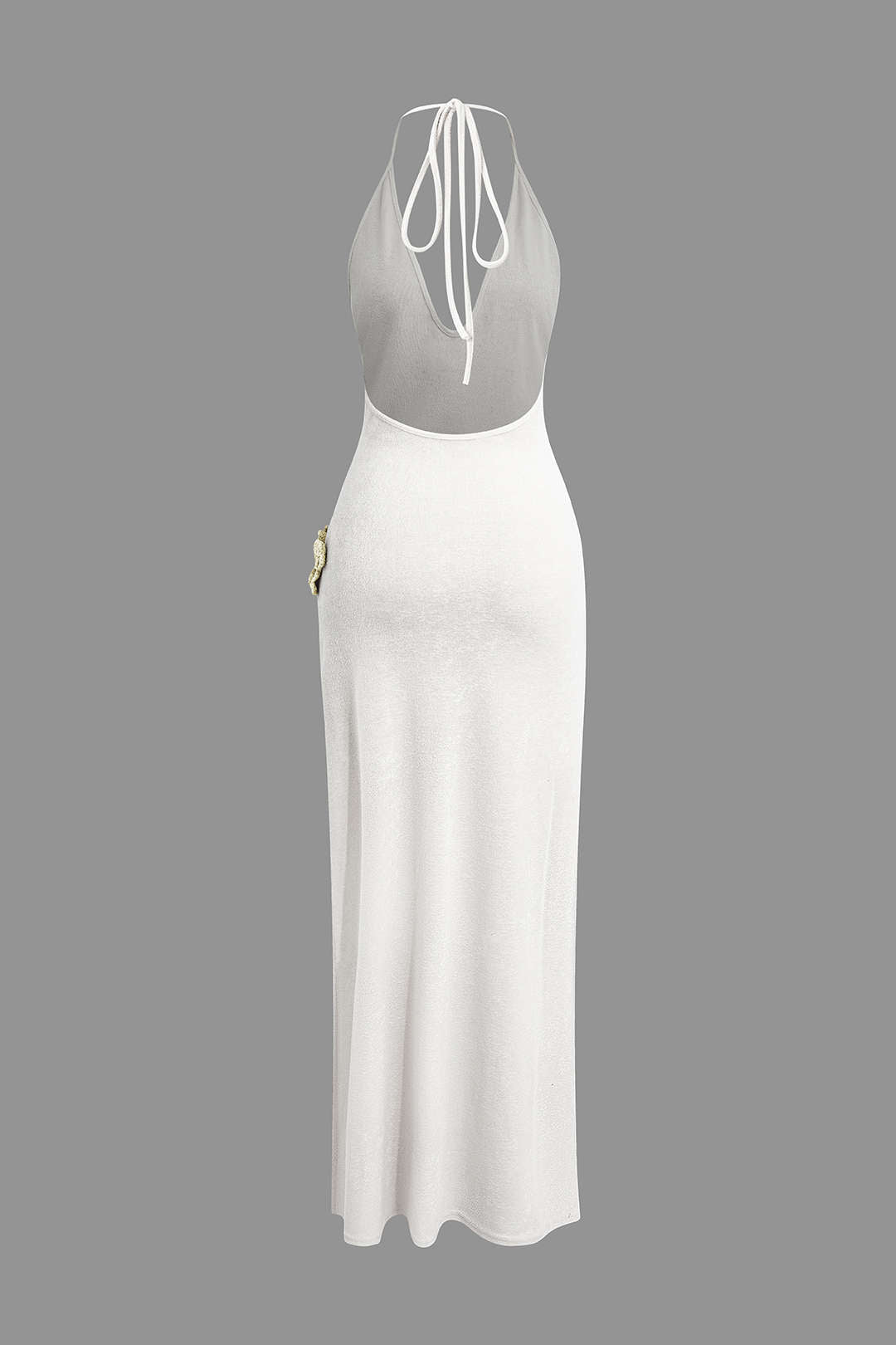 Maxi dress with 3D flowers and a V-neck without back and slit 