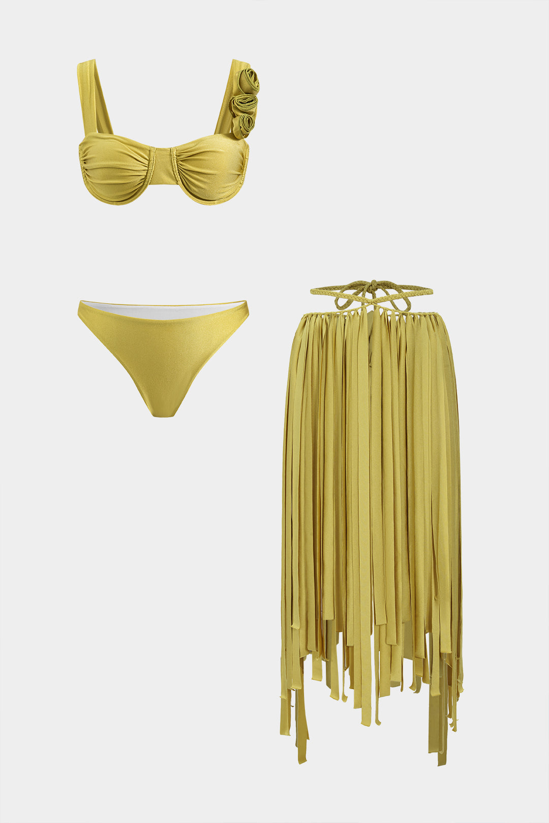 3D Flower Ruched Slip Bikini and Fringe Drawstrings Cover Up Three-Piece Set 