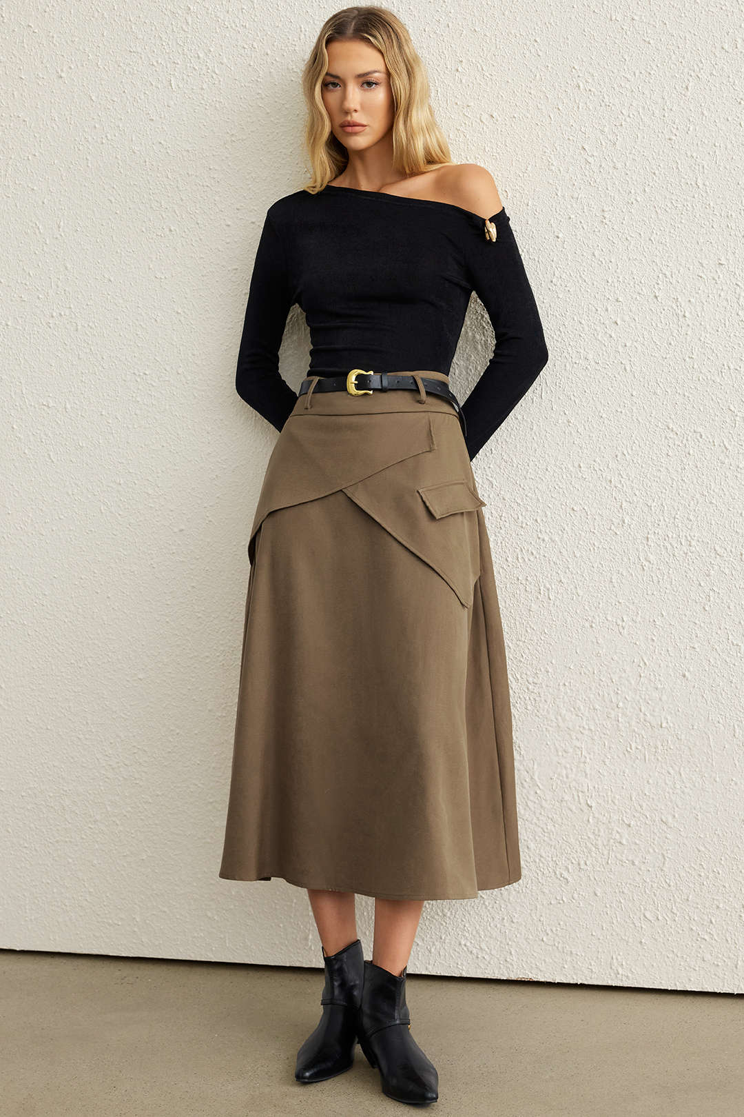 Belted Asymmetrical Ruched High Waist Skirt 