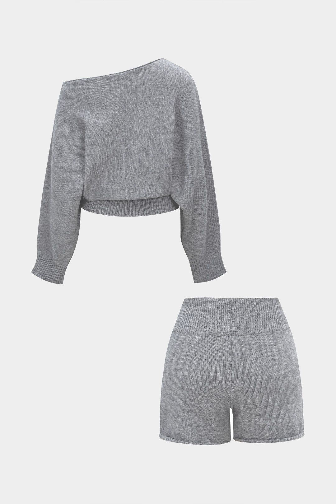 Boat Neck Sweater Long-Sleeve Top And Shorts Set 