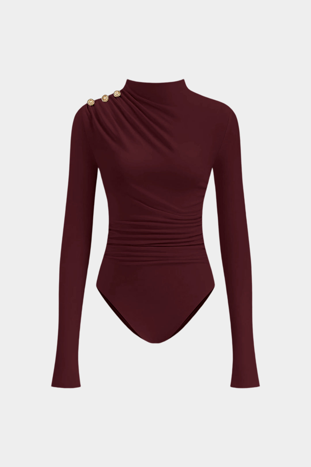 Asymmetrical Button Ruched Long Sleeve Bodysuit 