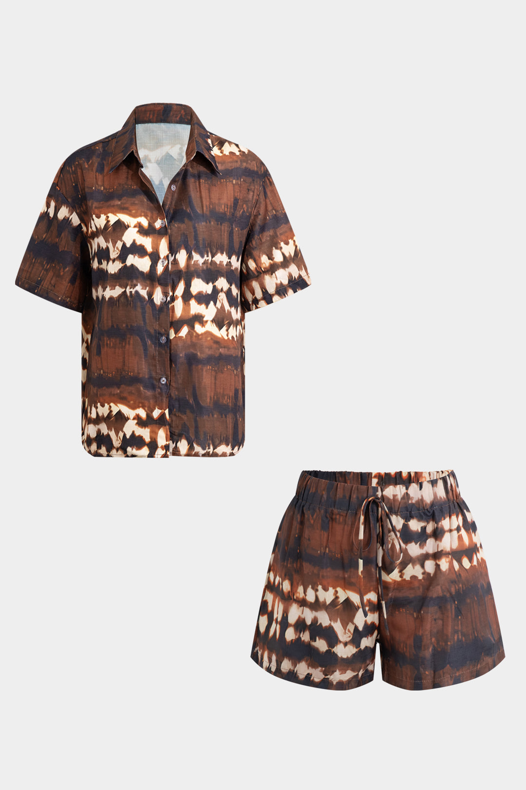 Abstract Tie Dye Print Button Short-Sleeve Shirt And Drawstring Shorts Set