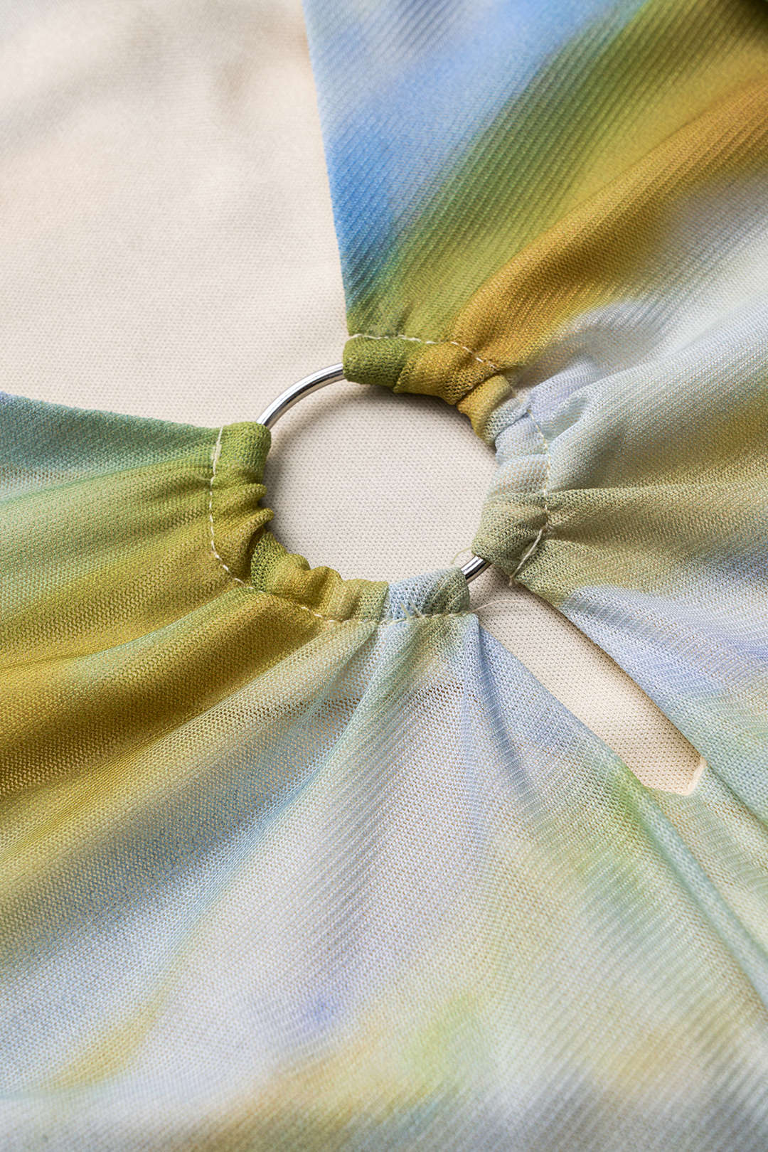 Abstract print mesh ruffled cut-out mini dress with long sleeves 