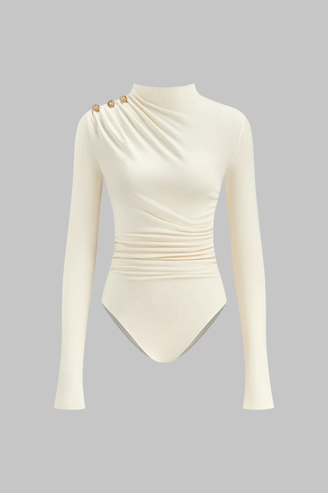 Asymmetrical Button Ruched Long Sleeve Bodysuit 