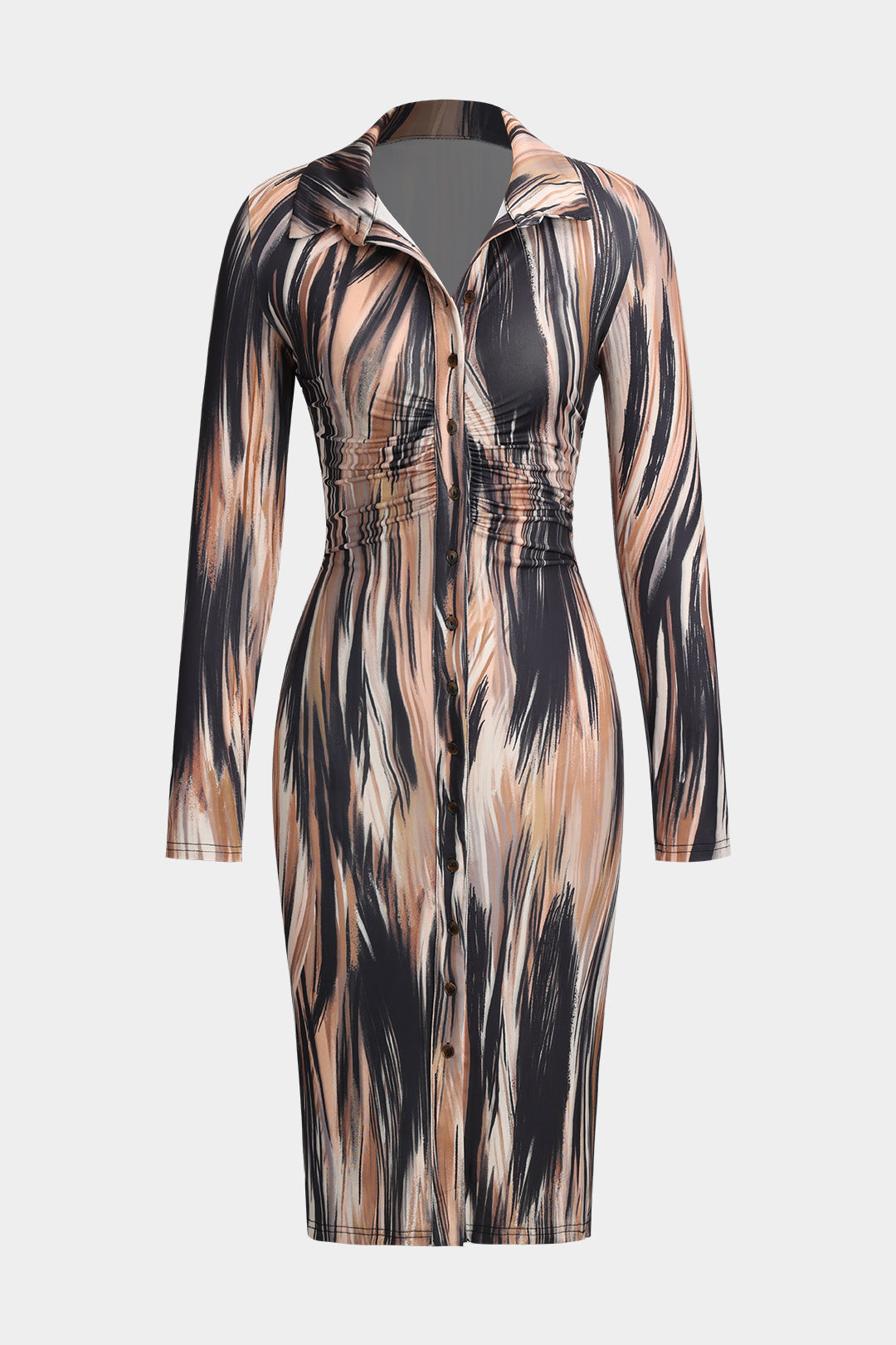 Abstract Contrast Print Button Ruched Long-Sleeve Midi Dress 