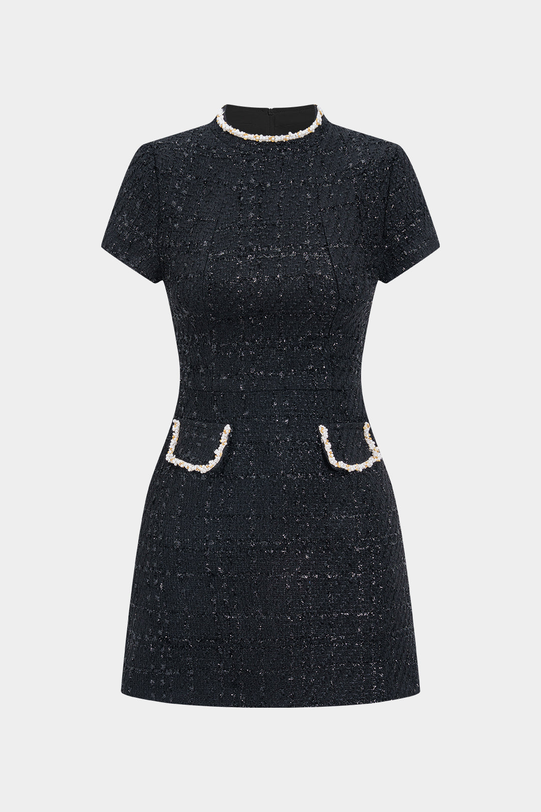 Bead Fake Pocket Zipper Mini Dress with Short Sleeves 