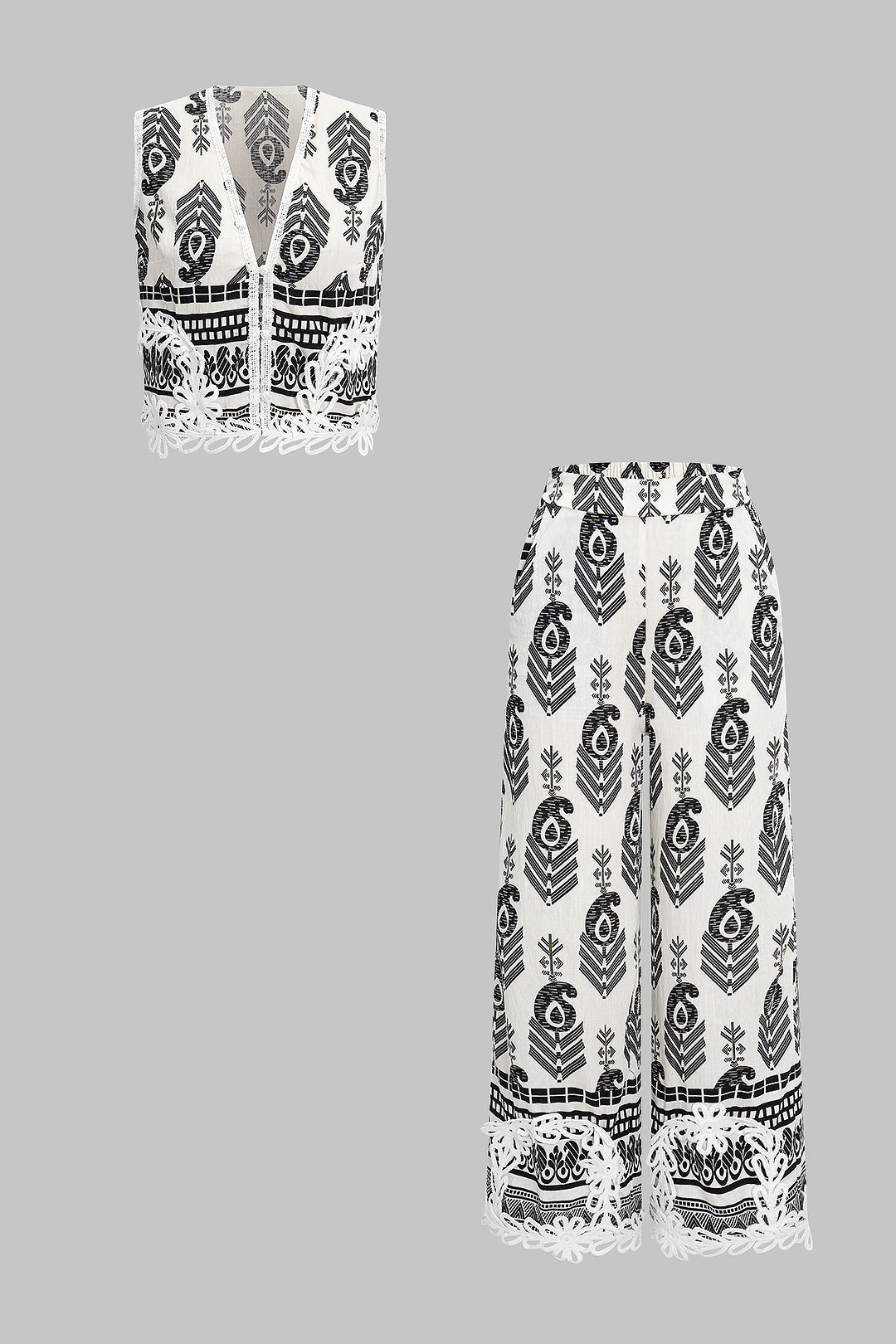 Artistic Contrast Print Flower Applique Trim Sleeveless Top And Pants Set 