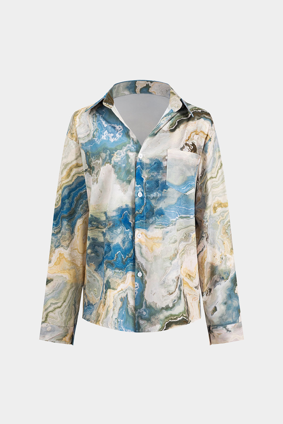 Abstract Print Satin Pocket Long-Sleeve Shirt 