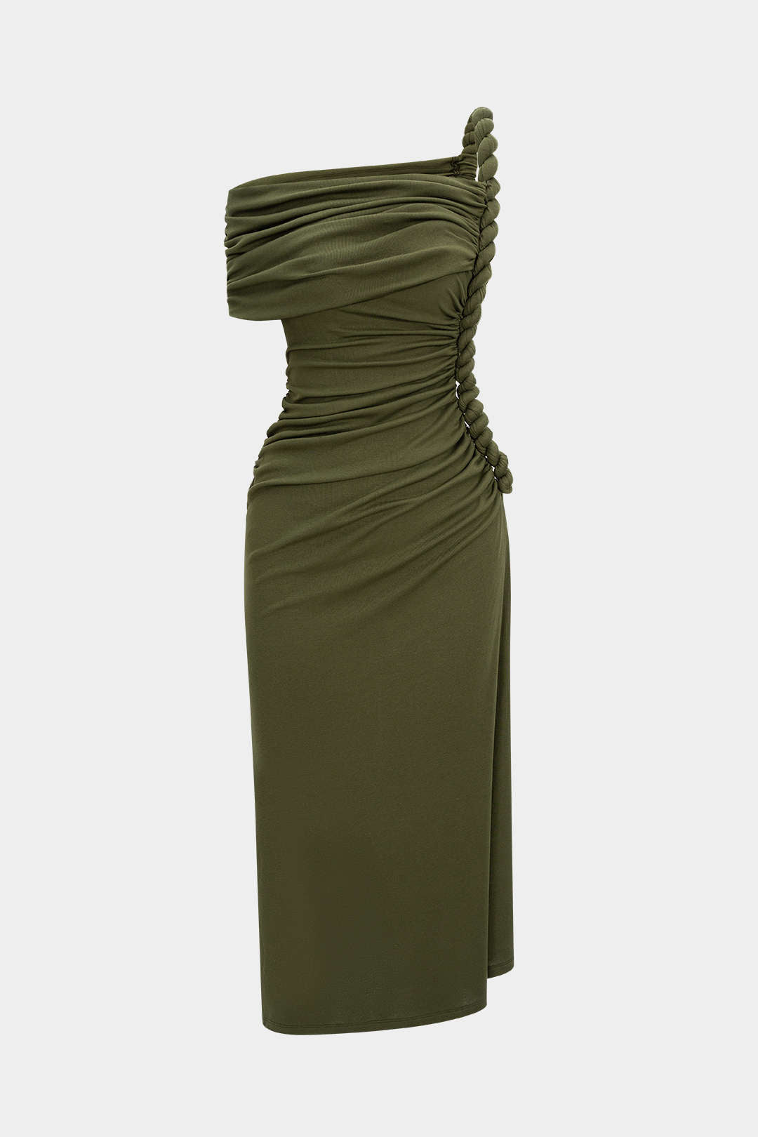 Asymmetrical Shoulder Ruched Twist Knot Sleeveless Maxi Dress 