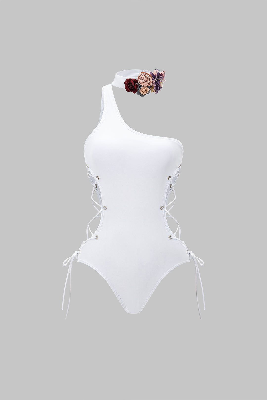 3D Floral One Shoulder Strappy Tie-Up Sleeveless Bodysuit 