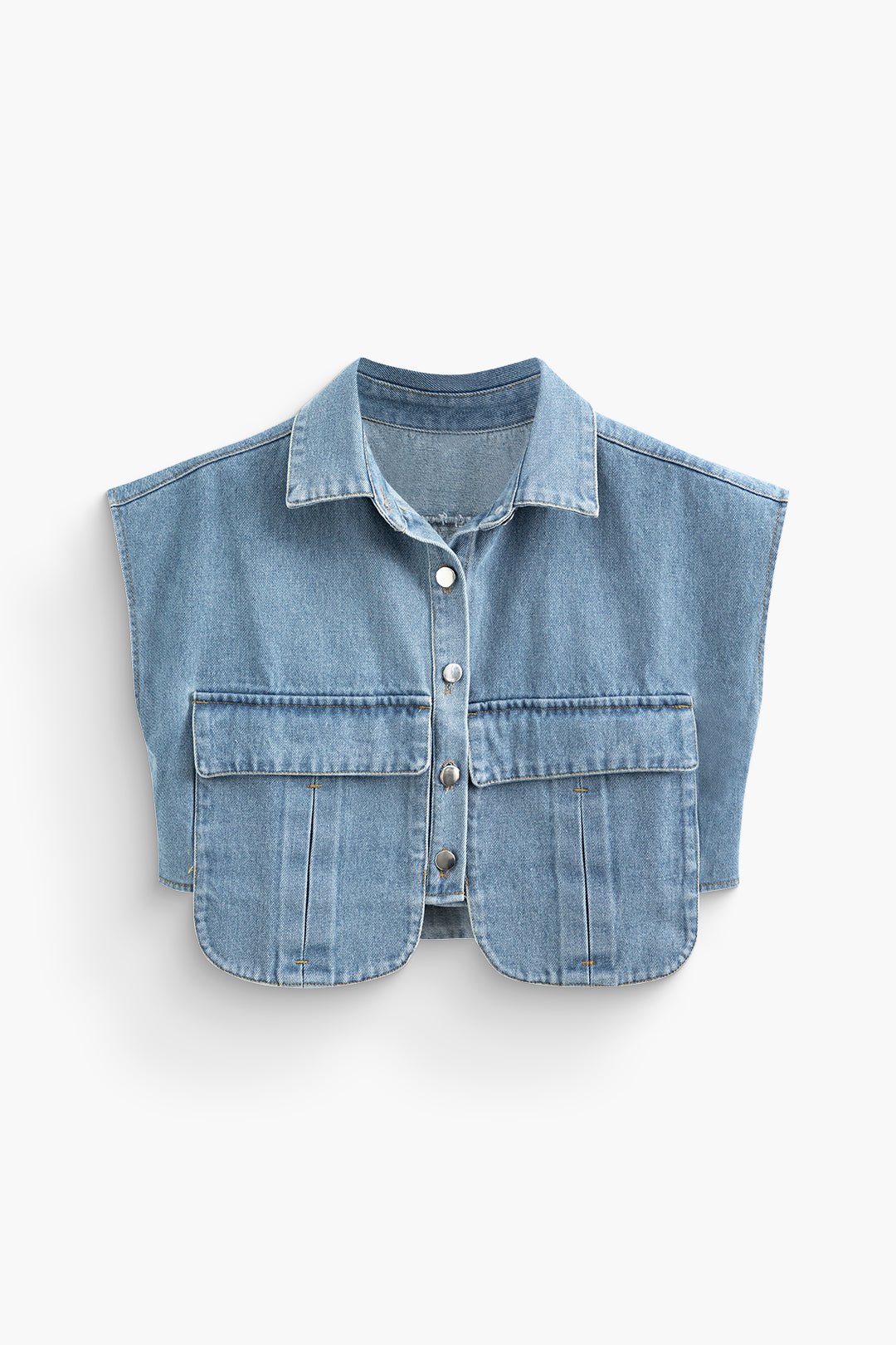 Asymmetrical cropped denim vest with button closure and flap pocket 