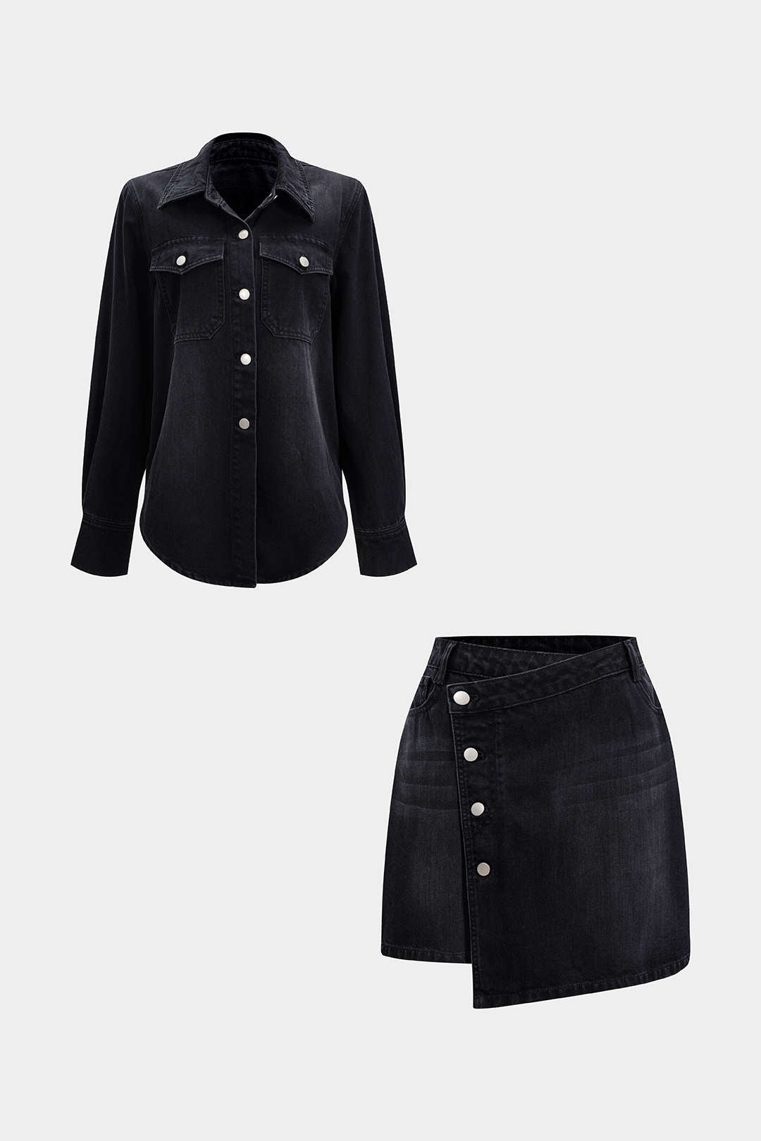 Denim Button Long-Sleeve Top And High Waist Mini Skirt Set 