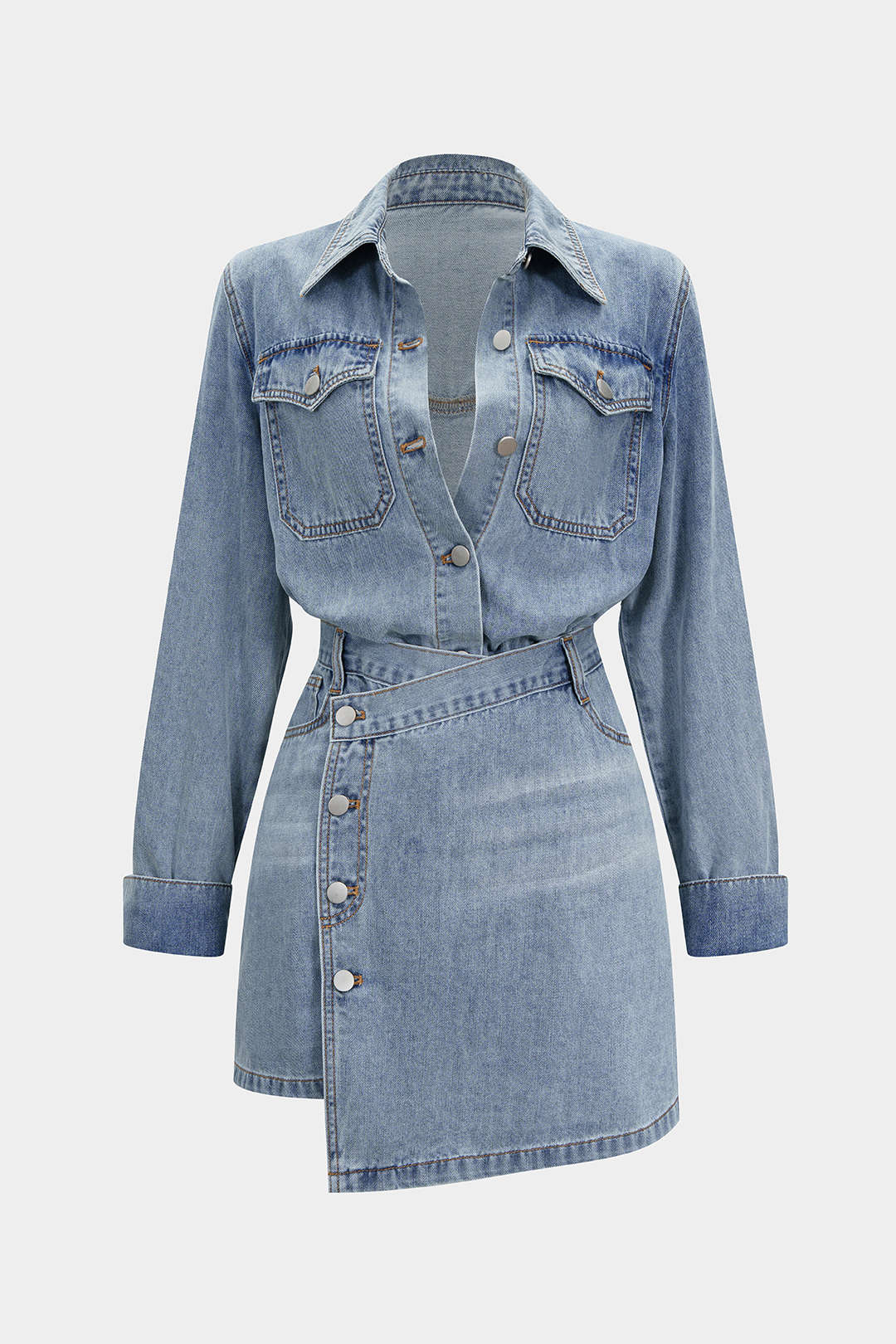 Denim Button Long-Sleeve Top And High Waist Mini Skirt Set 