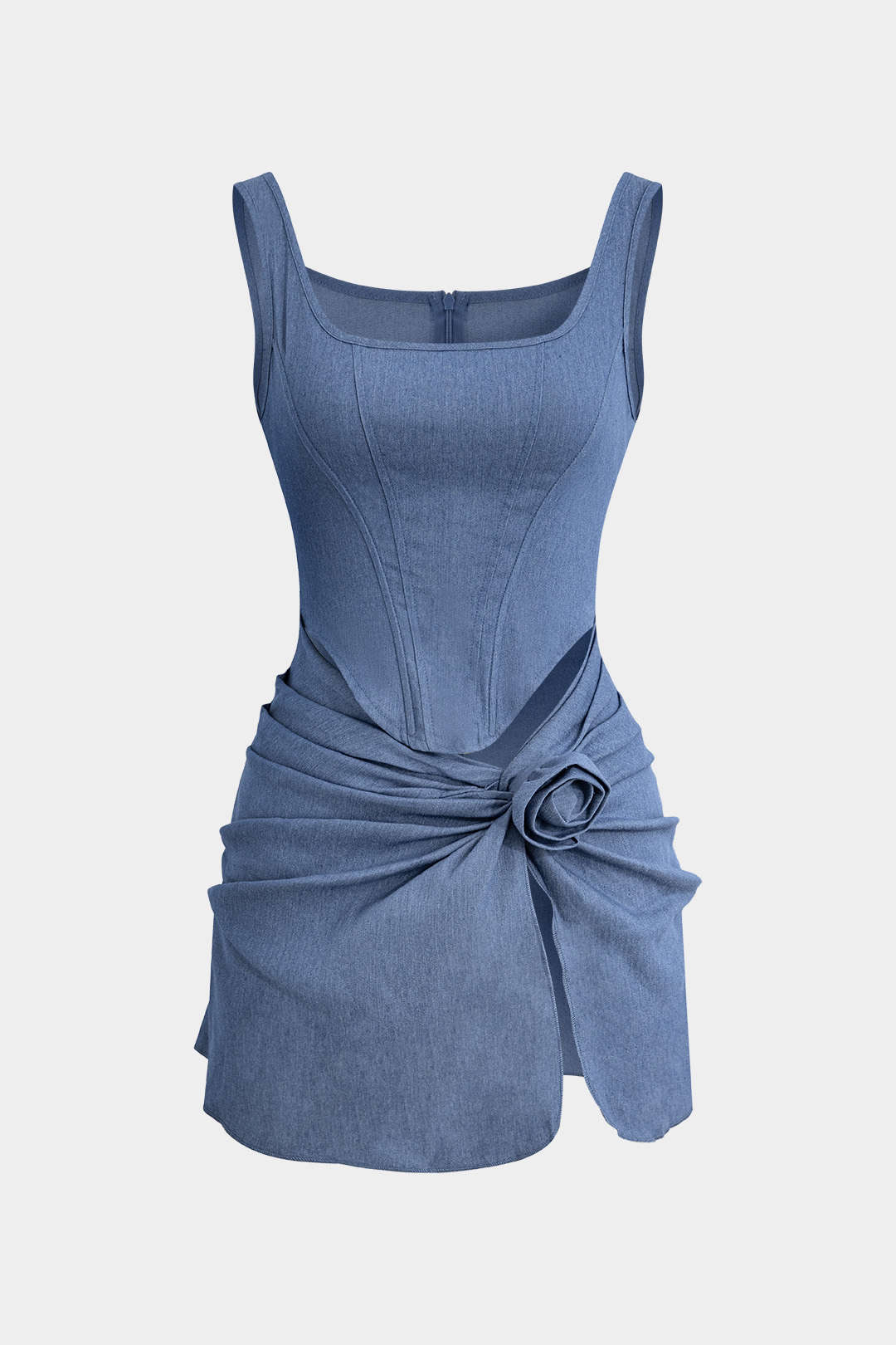 Denim tank dress with 3D flower and ruffles 