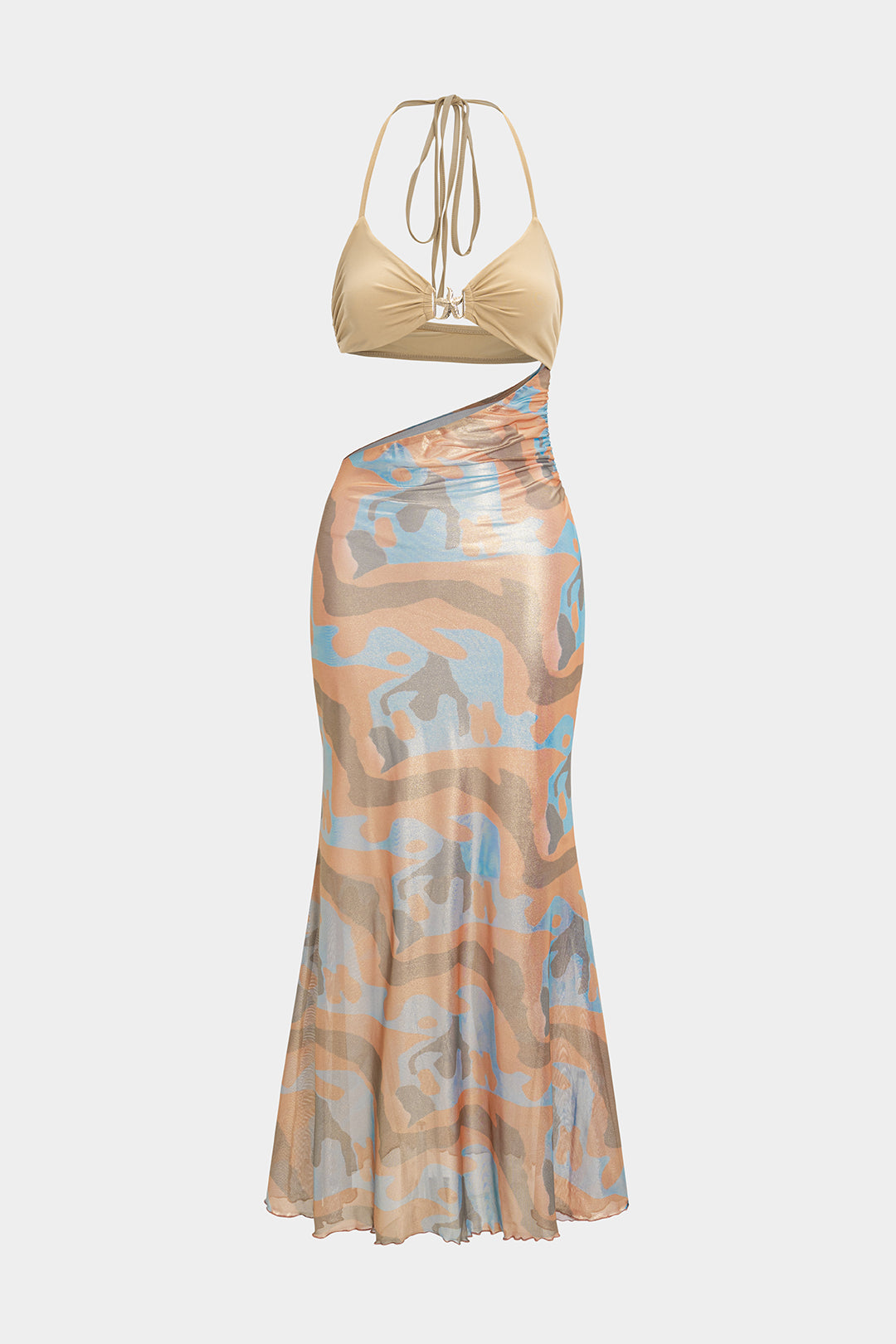 Abstract Print Satin Tie-Up Halter Neck Cut Out Sleeveless Maxi Dress 