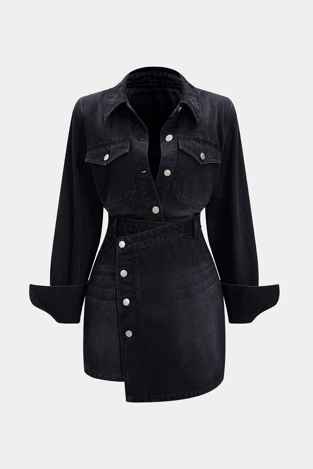 Denim Button Long-Sleeve Top And High Waist Mini Skirt Set 