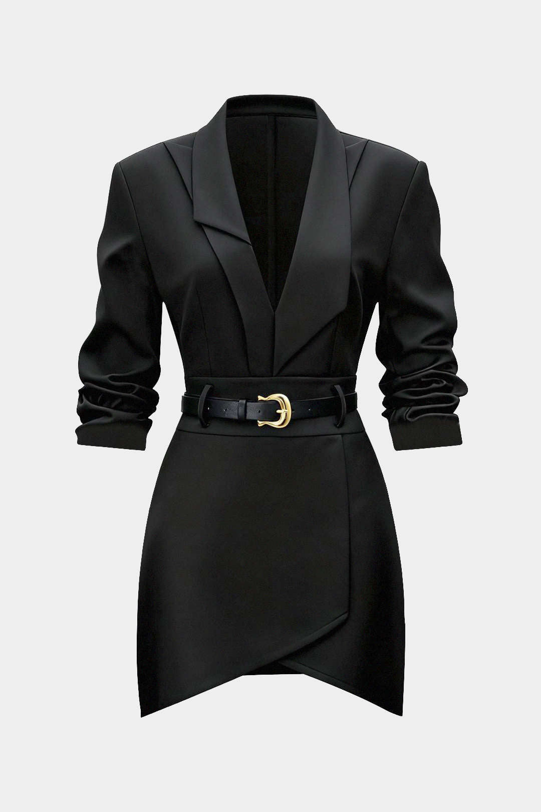 Asymmetrical Notched Lapel Belted Long Sleeve Mini Dress 
