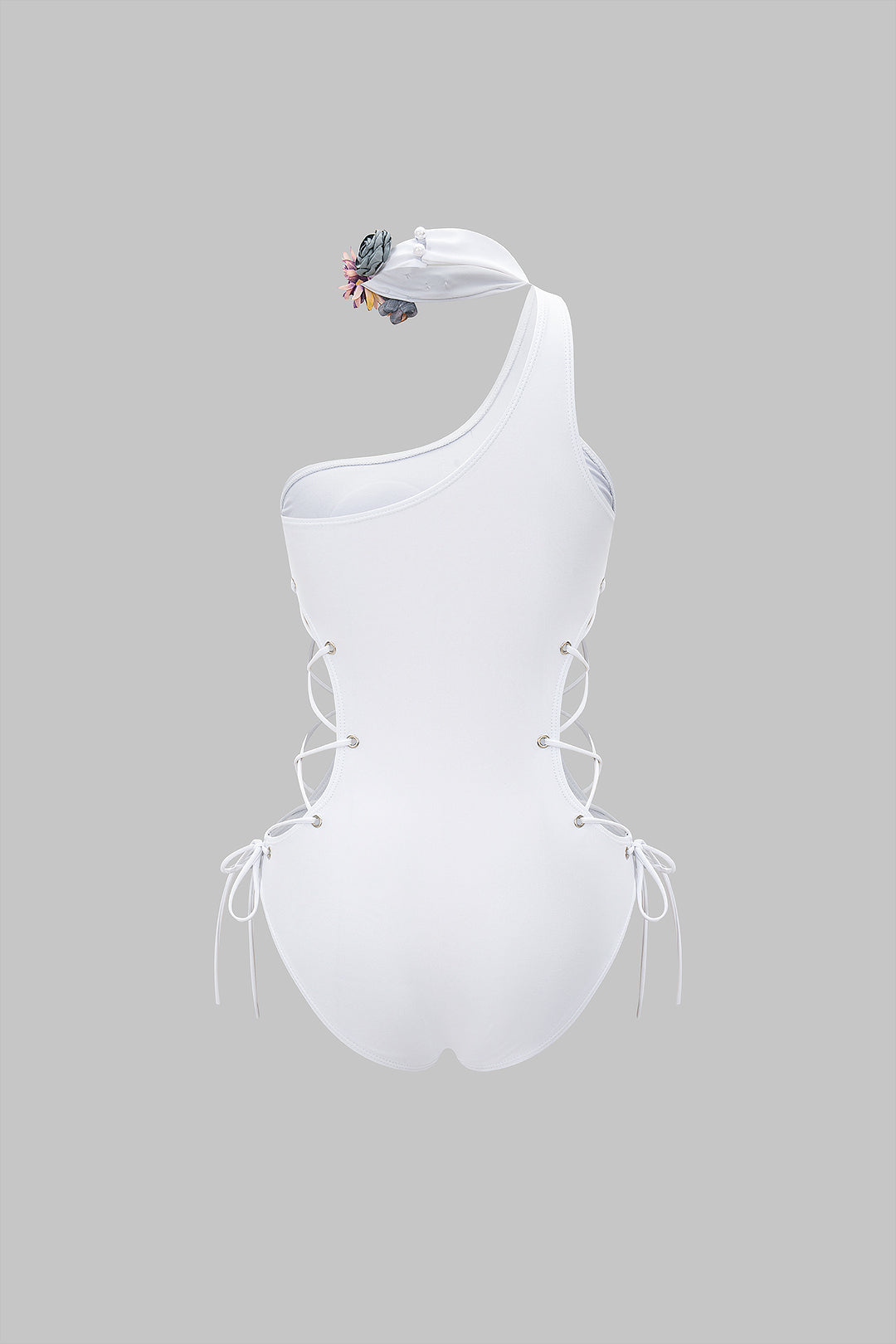 3D Floral One Shoulder Strappy Tie-Up Sleeveless Bodysuit 