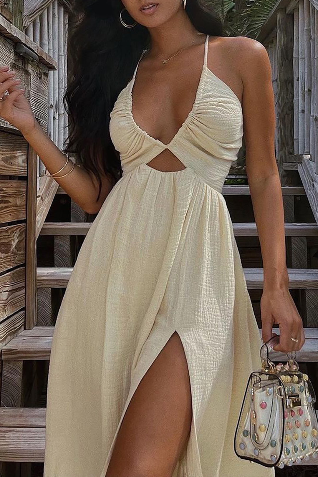 Backless midi dress with a V-neck slit 