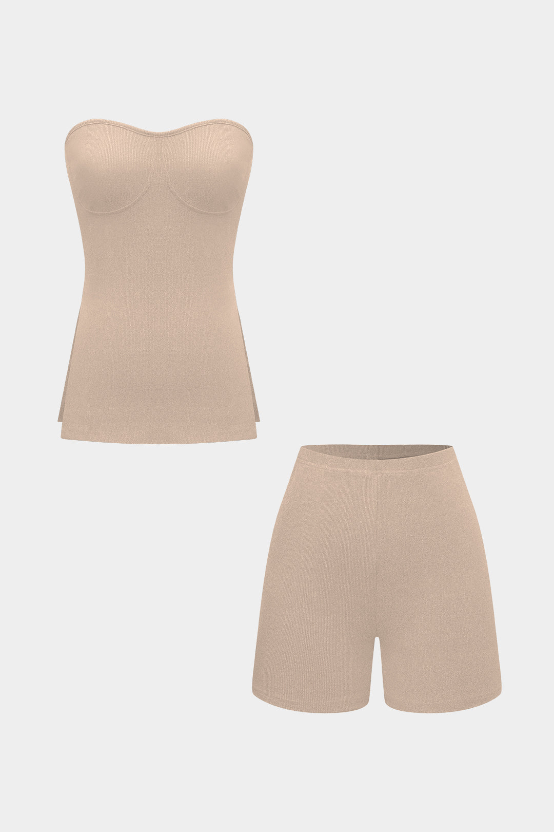 Basic Solid Breath Split Strapless Top and Shorts Set 